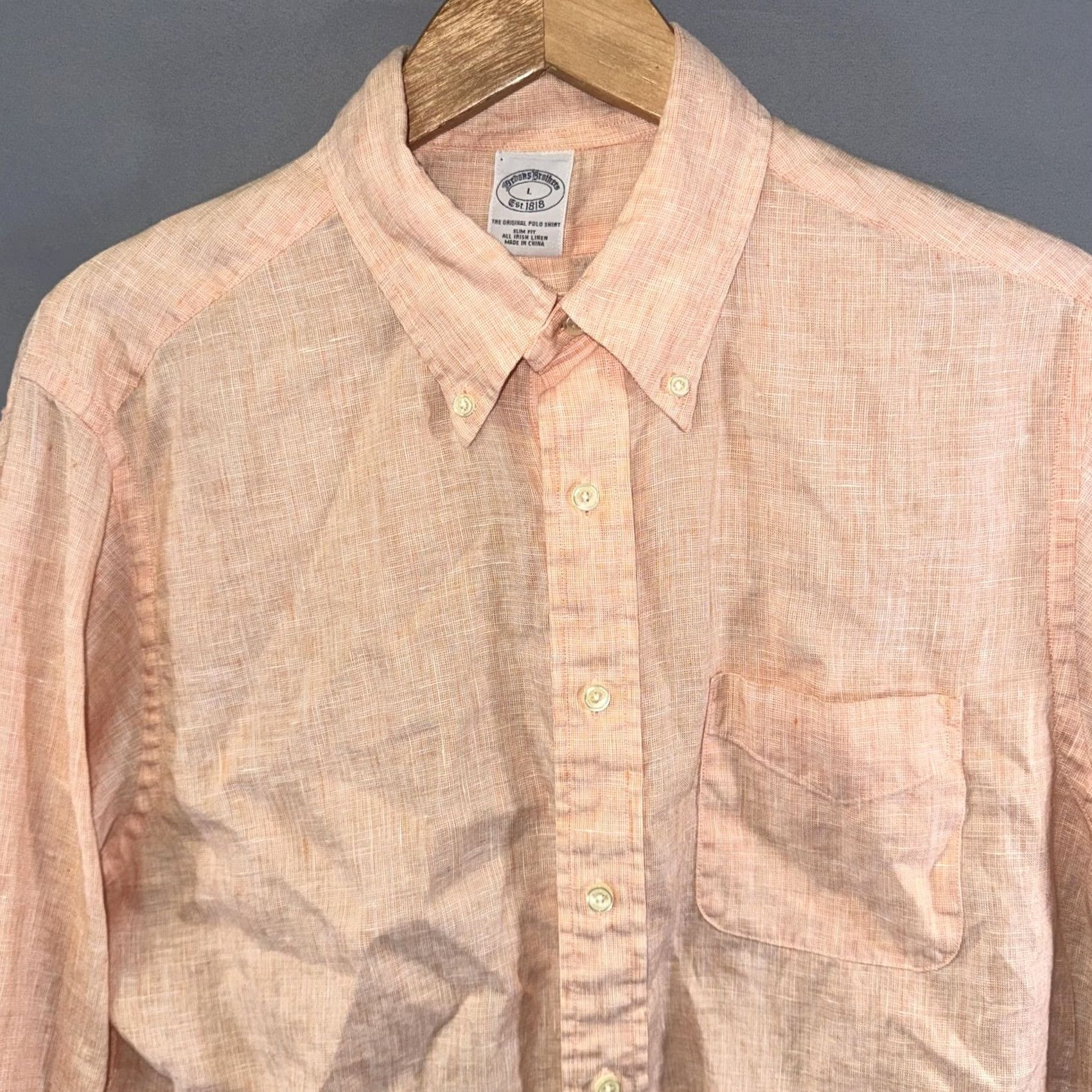 Brooks Brothers Brooks Brothers Shirt Mens Large Peach Irish Linen Slim Fit Button-Down Casual Shirt Size US L / EU 52-54 / 3 - 5 Thumbnail
