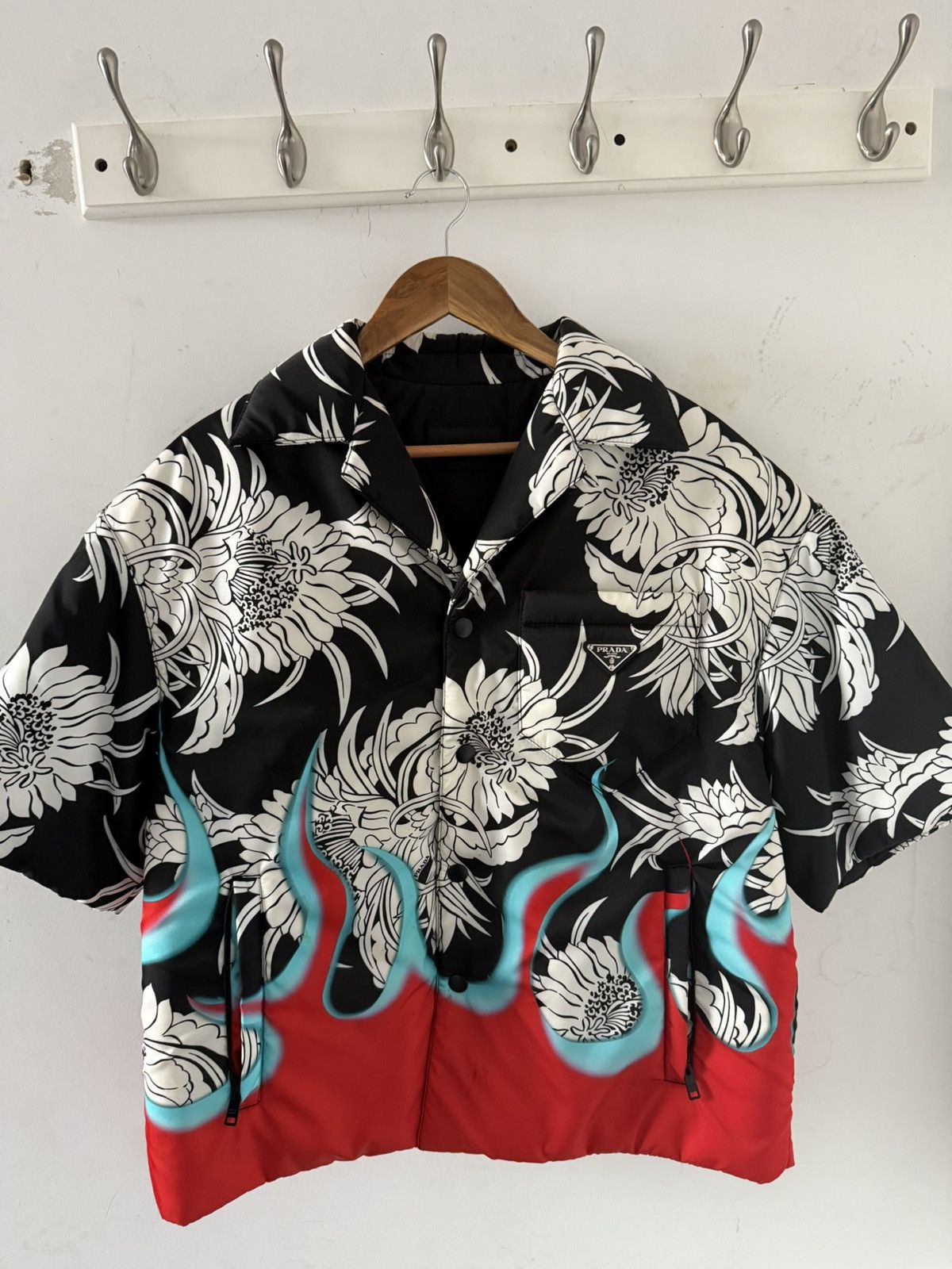 Prada oversized floral red flame nylon puffer shirt jacket