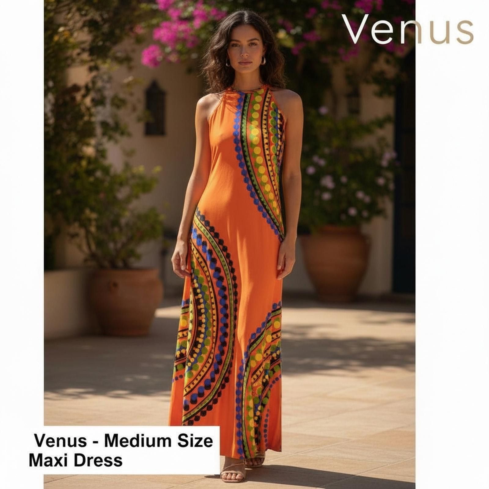 Venus Venus Medium Size Orange Maxi Dress with Colorful Pattern Size M / US 6-8 / IT 42-44 - 1 Thumbnail
