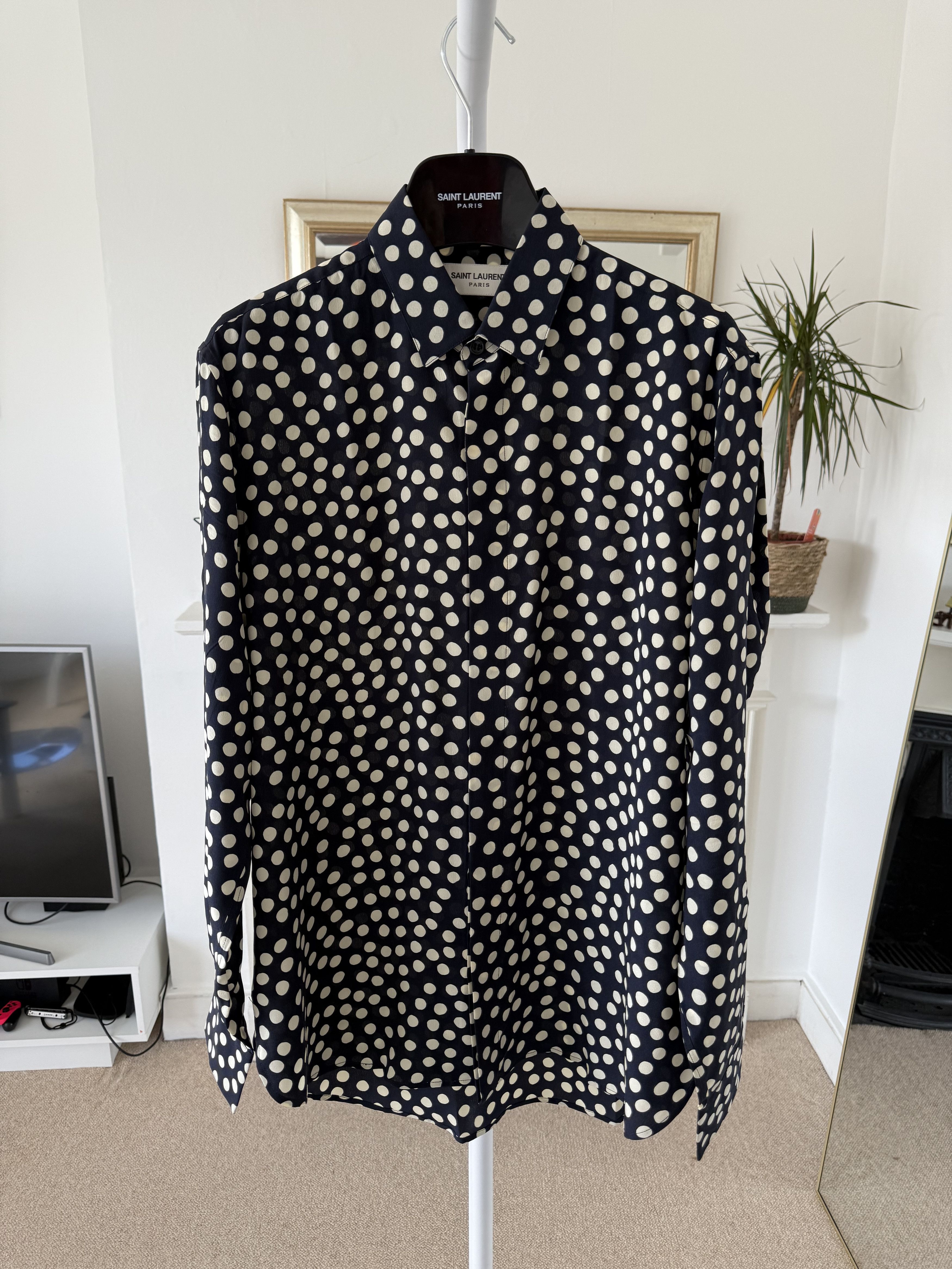 Saint Laurent Paris FW19 Saint Laurent Cream/Navy Polka Dot Silk Shirt Size US S / EU 44-46 / 1 - 1 Thumbnail