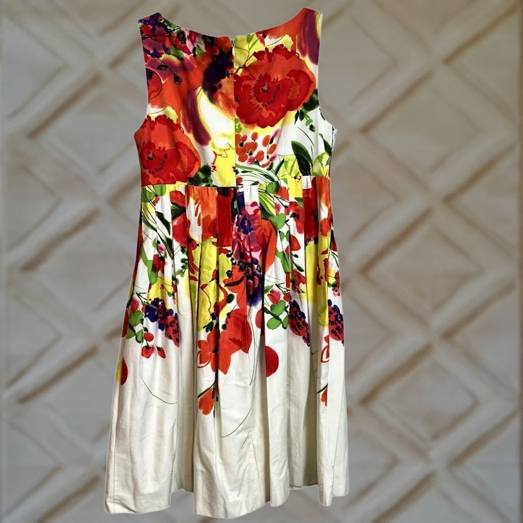 Vintage Eliza J White Floral Fit & Flare Dress Sleeveless V-Neck Size 4 Women's Knee Length Womens Size S / US 4 / IT 40 - 1 Thumbnail