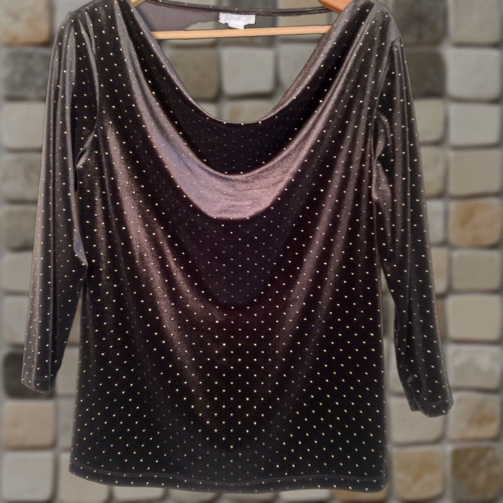 Vintage VINTAGE Jacklyn Smith Velour Shirt Women L Black Gold Studded Draped Neck Stretch Shirt Womens Regular 3/4 Sleeve Size L / US 10 / IT 46 - 1 Thumbnail