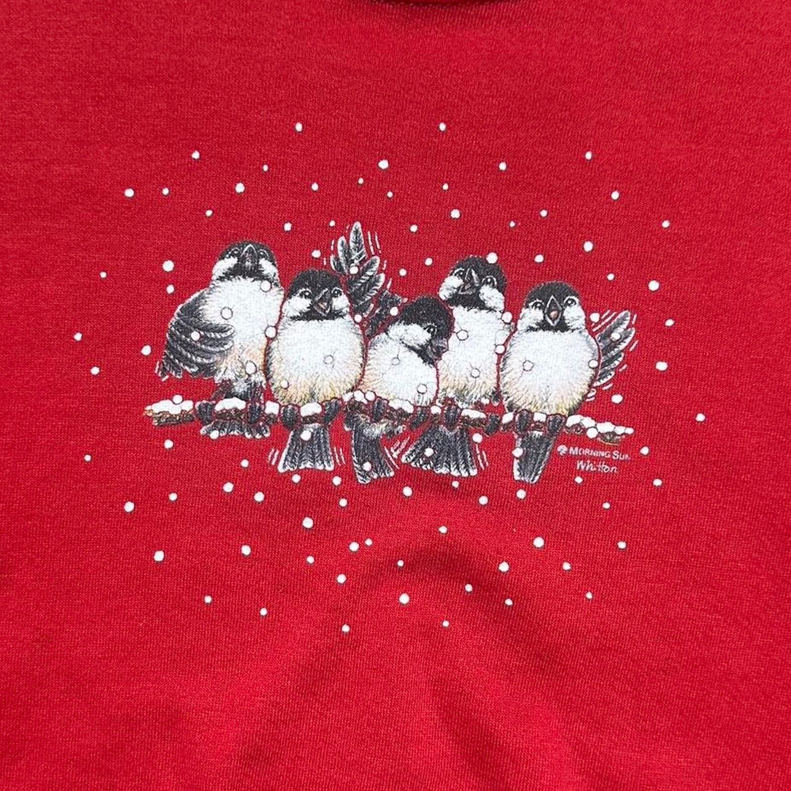 Jerzees Vintage 90s Morning Sun Birds Snow Crewneck Red Sweatshirt Size L / US 10 / IT 46 - 2 Thumbnail