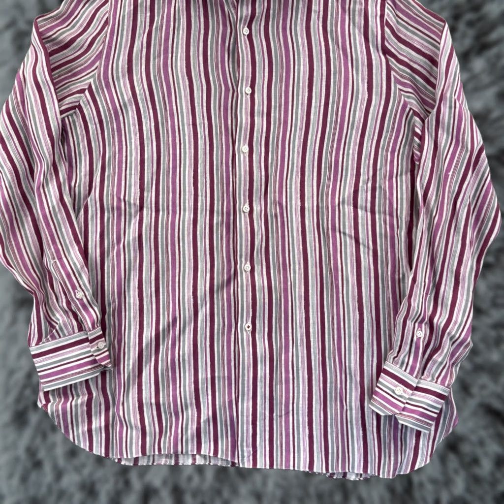 Isaia Isaia Shirt Mens 17.5 Pink Striped Linen Long Sleeve Collared Dress Button Preppy Shirt Men XL 2XL Vintage: No Size 48R - 1 Thumbnail