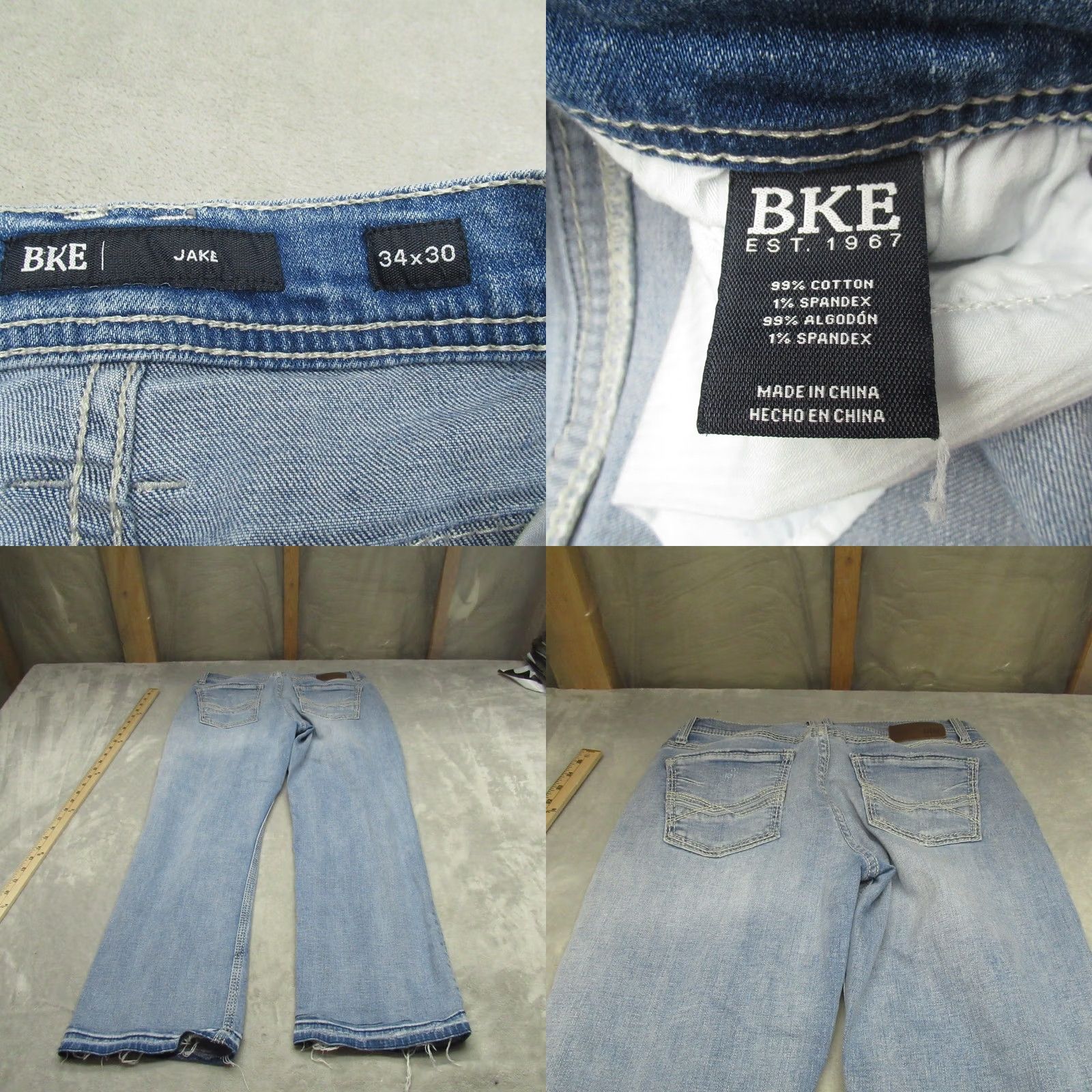 BKE BKE Jake Jeans Men 34 Light Wash Denim Bootcut 33x29 Whisker Distressed Pockets Stretch Cotton Blend Blue Denim Jeans Mens Size US 34 / EU 50 - 8 Thumbnail