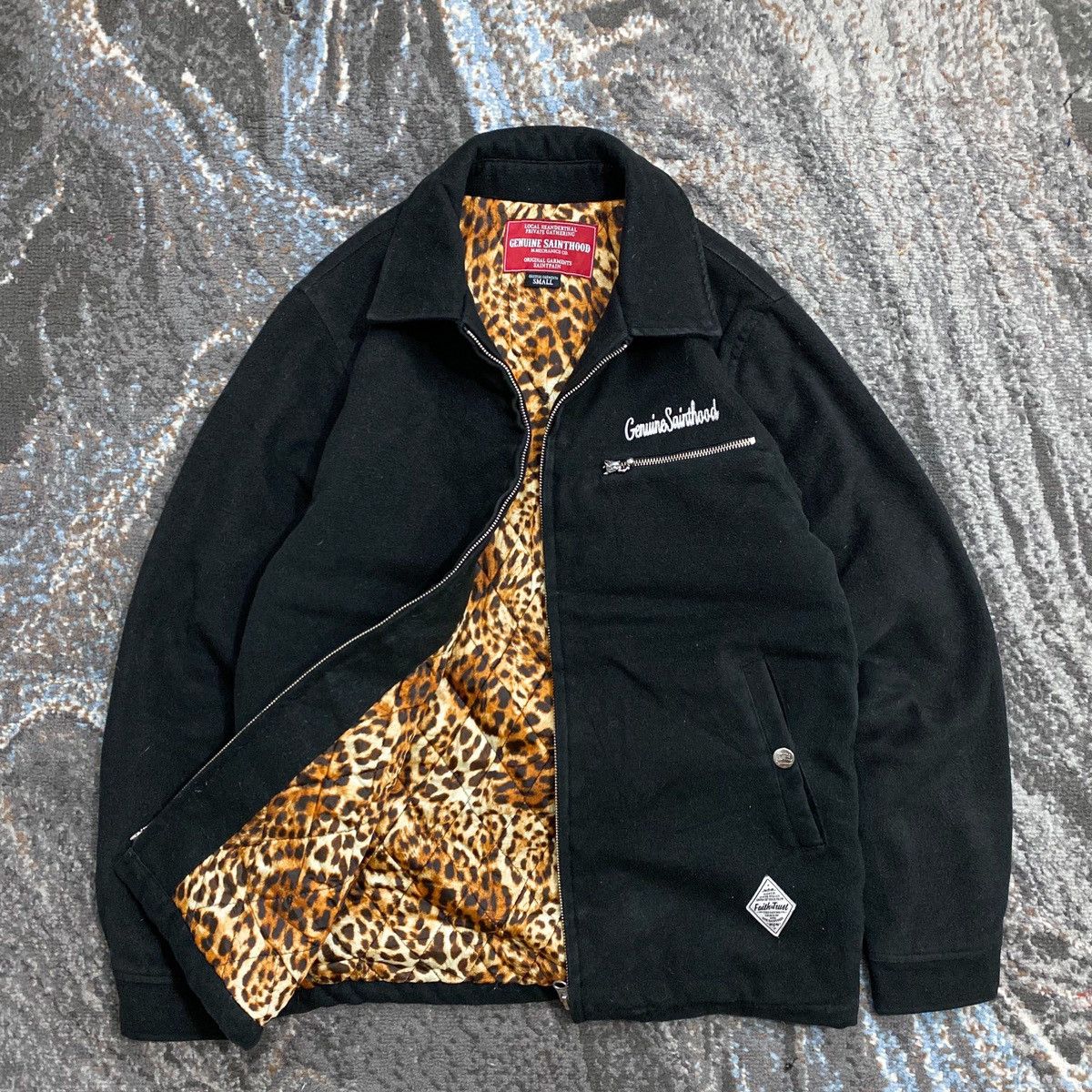 image of Archival Clothing Genuine Sainthood By Saintpain Leopard Wool Workwear Jacket in Black (Size Small)