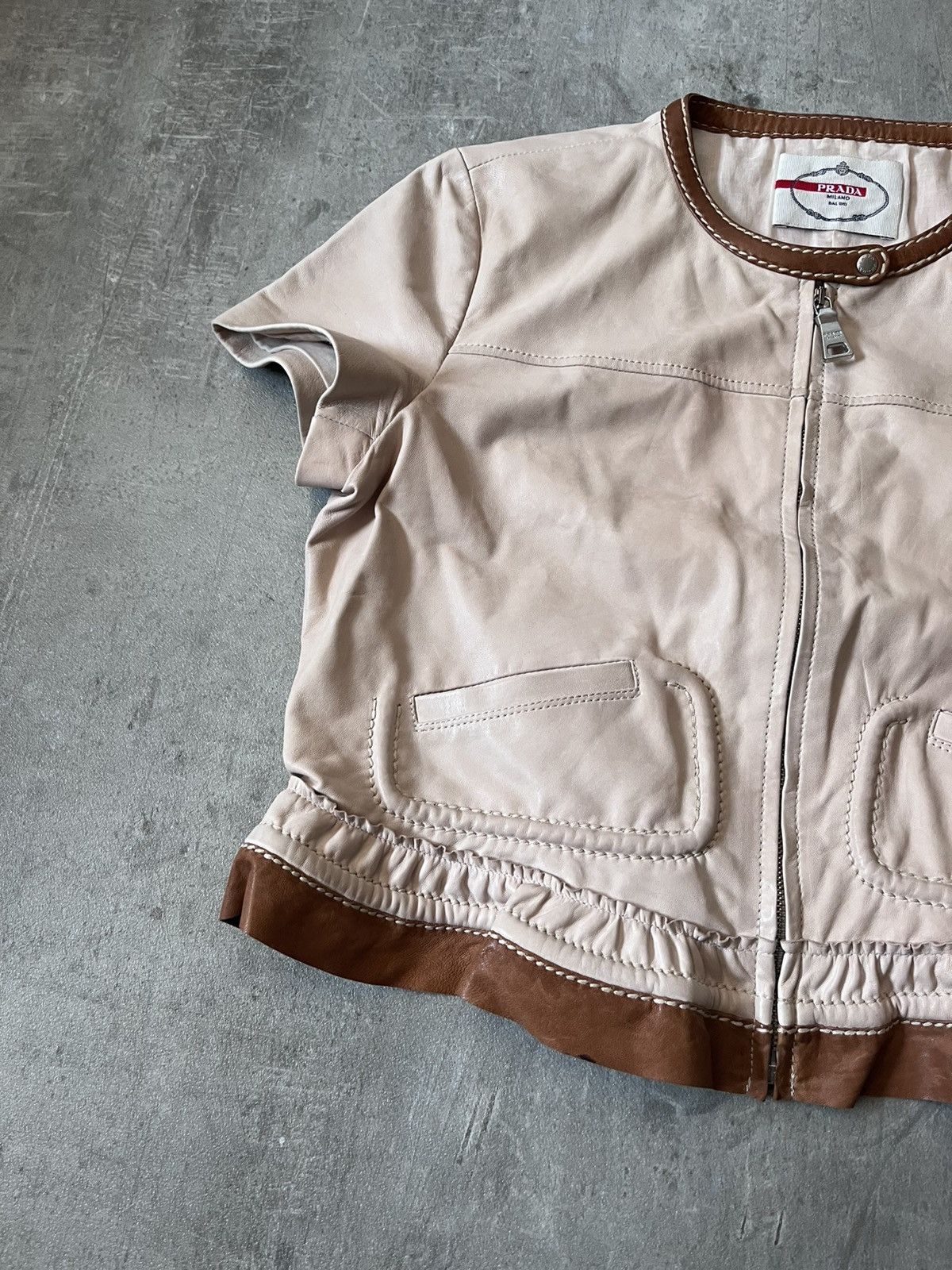 Prada Prada beige brown short leather crop jacket Size L / US 10 / IT 46 - 2 Thumbnail