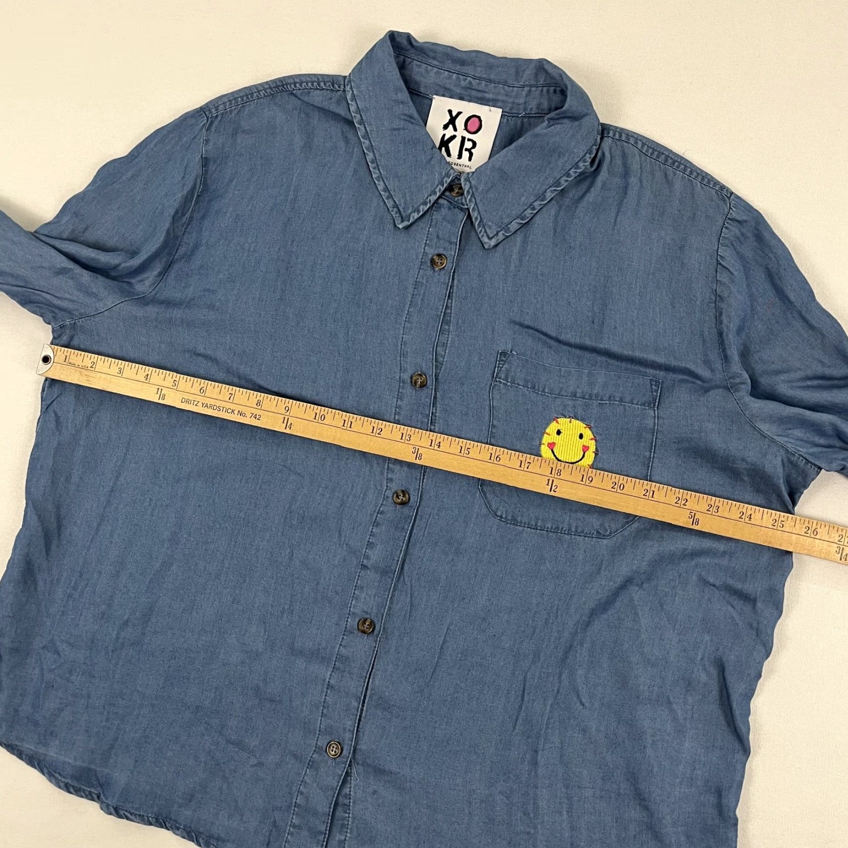 Kerri Rosenthal Button Up Shirt Womens XL Blue Happiness is a Frame of Mind