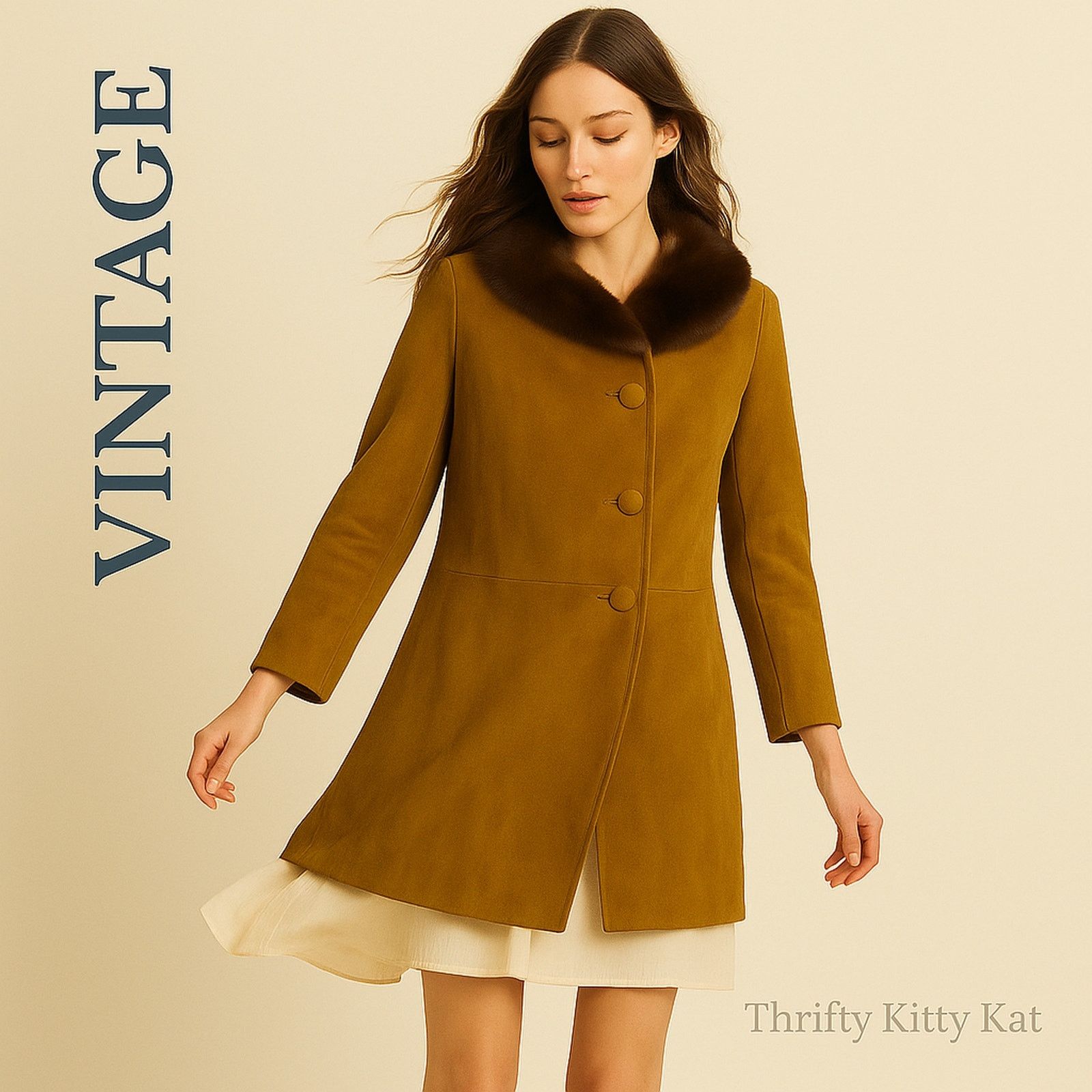Vintage Suede Leather Fur-Trim Collar Button Swing Coat 8