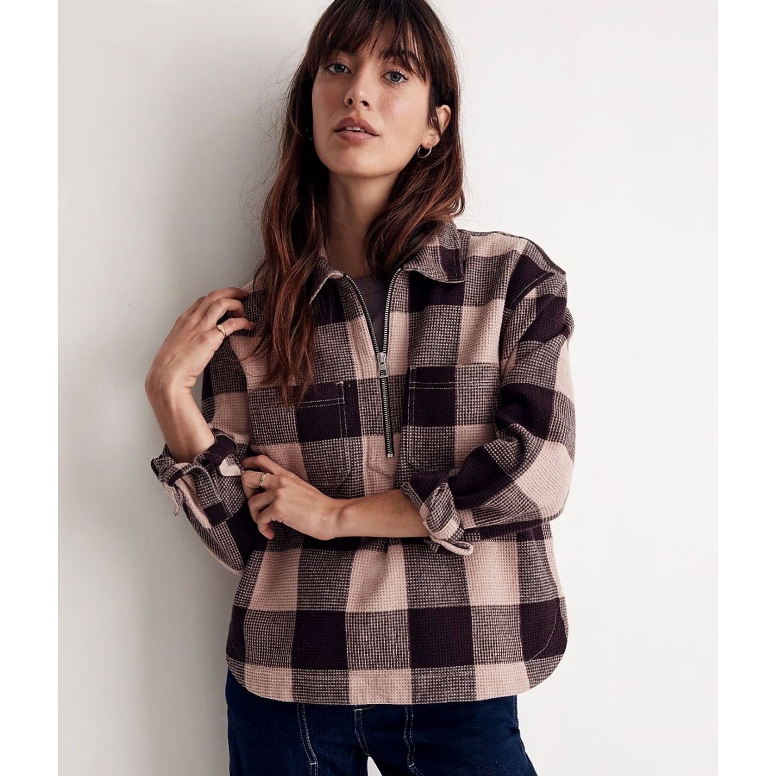 Madewell VINTAGE? No. Madewell Shirt Womens XS Half Zip Pullover Plaid Relaxed Fit Top Pink Boho Size XS / US 0-2 / IT 36-38 - 4 Thumbnail