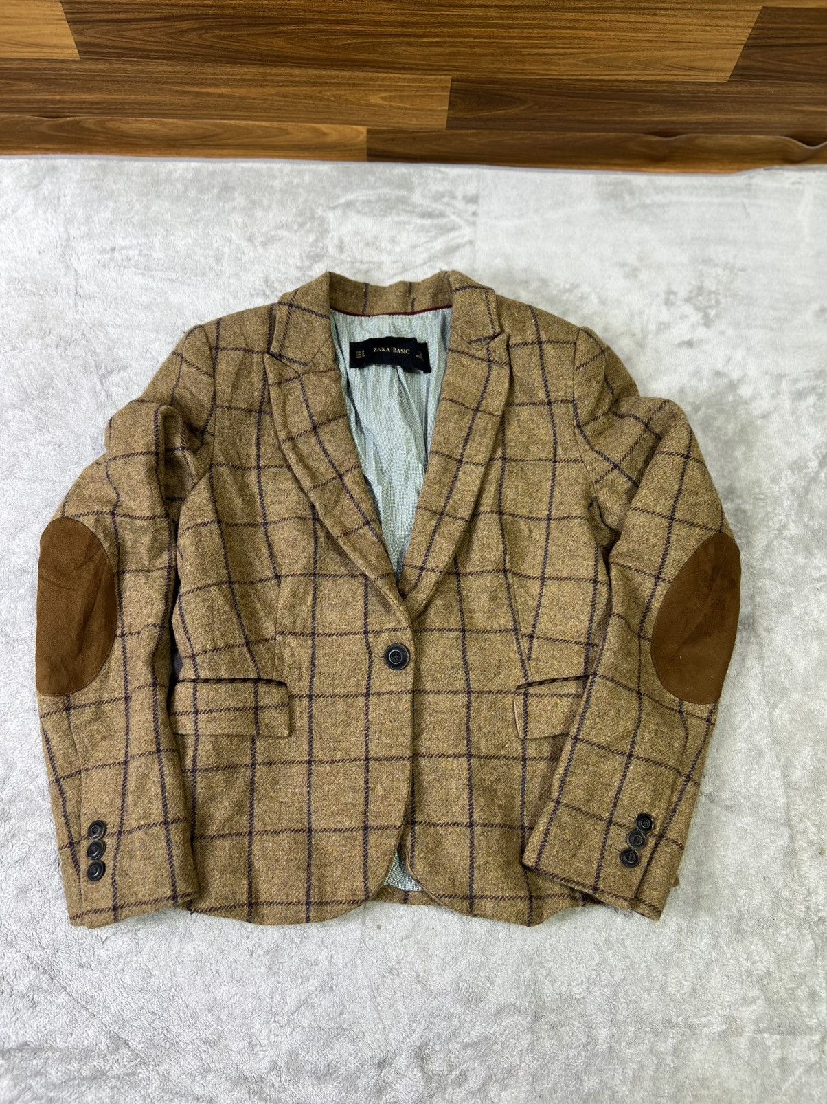 Zara Zara Basic Lambswool Windowpane Blazer Brown Elbow Patch Size M / US 6-8 / IT 42-44 - 1 Thumbnail