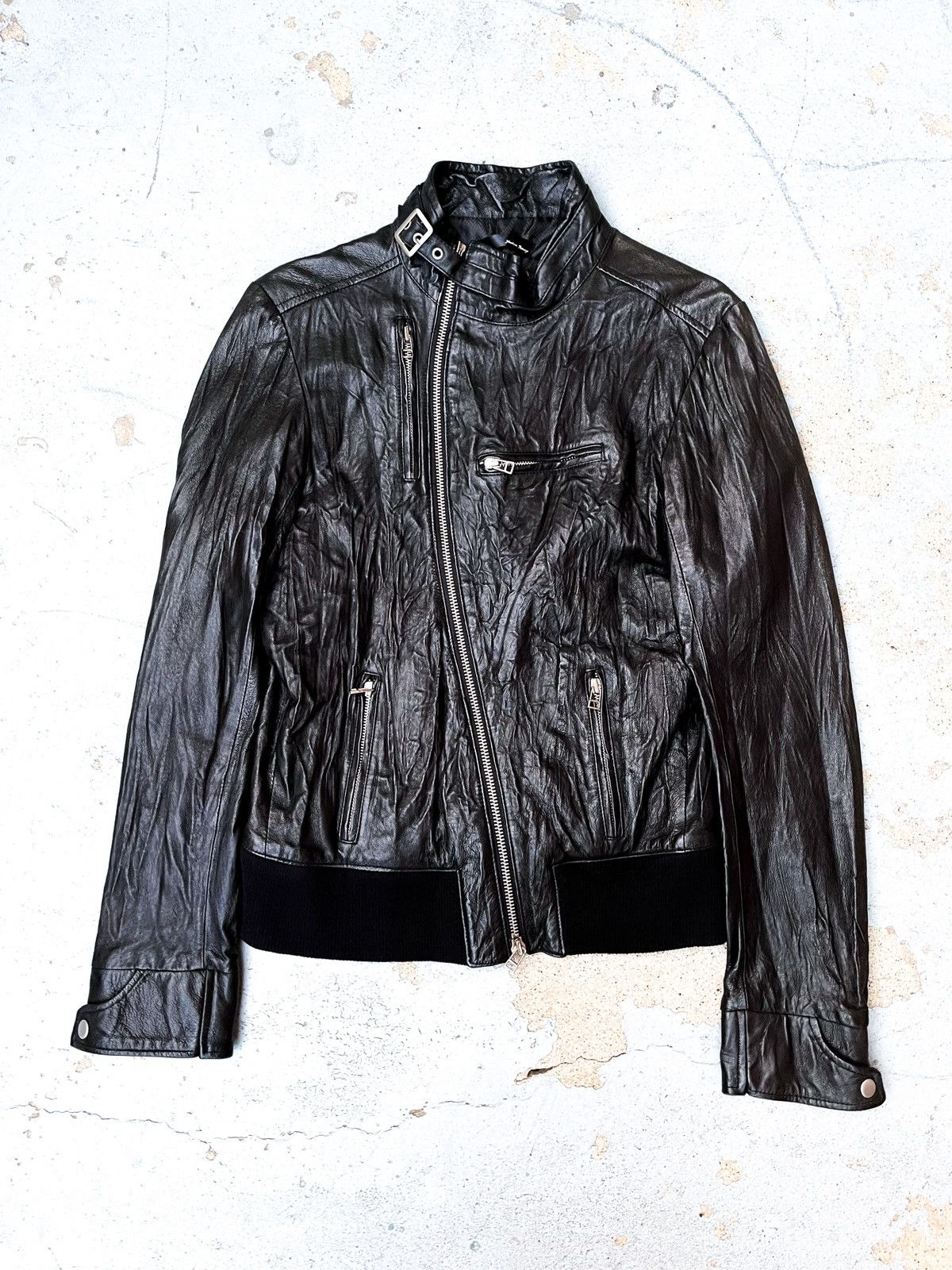 image of Hysteric Glamour x Tornado Mart Harlem Rounge Asymmetrical Zip Crinkle Leather Riders Jacket in Bla