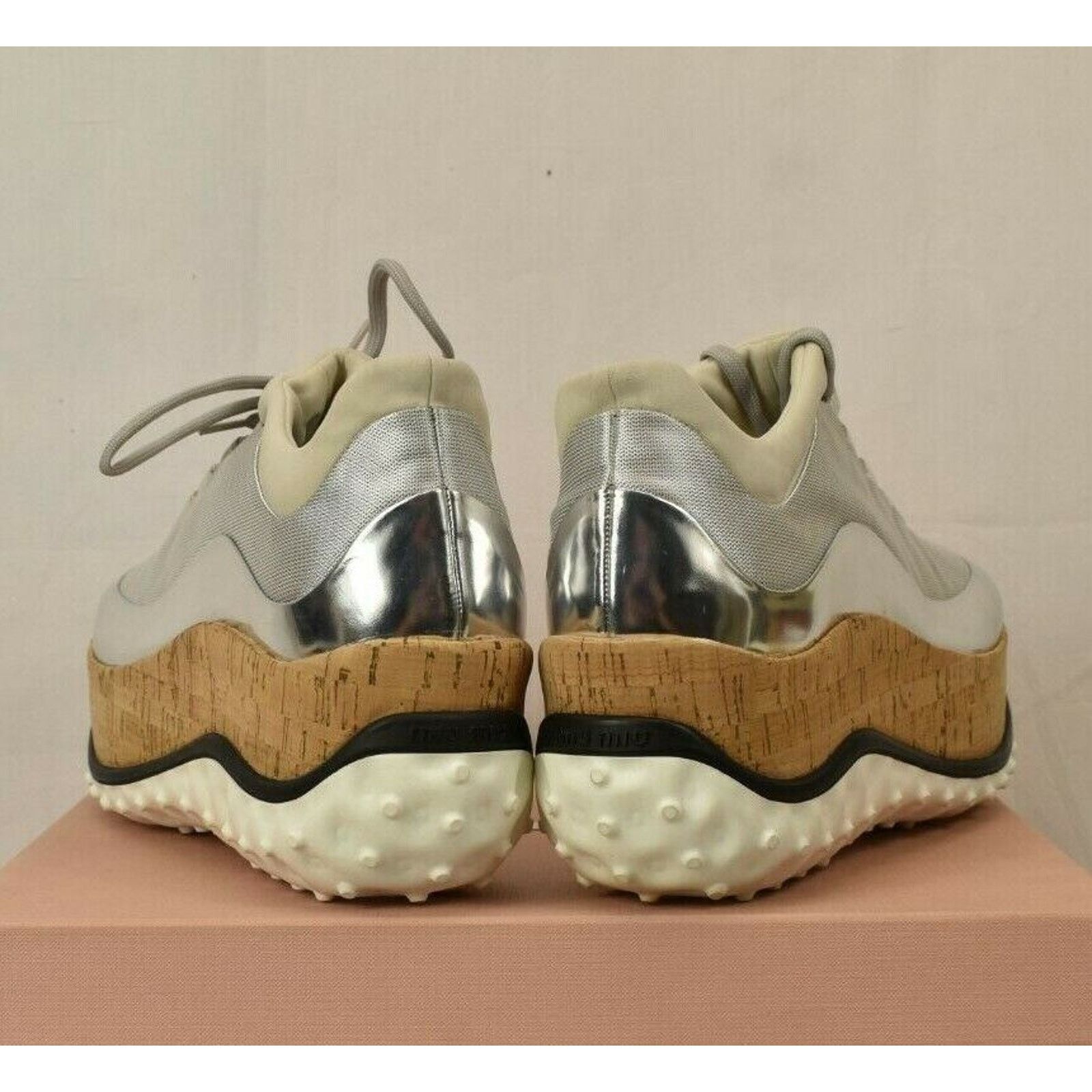 Miu Miu 5E281A SILVER PATENT LEATHER CORK PLATFORM SNEAKERS 40.5 Size US 10.5 / IT 40.5 - 4 Thumbnail