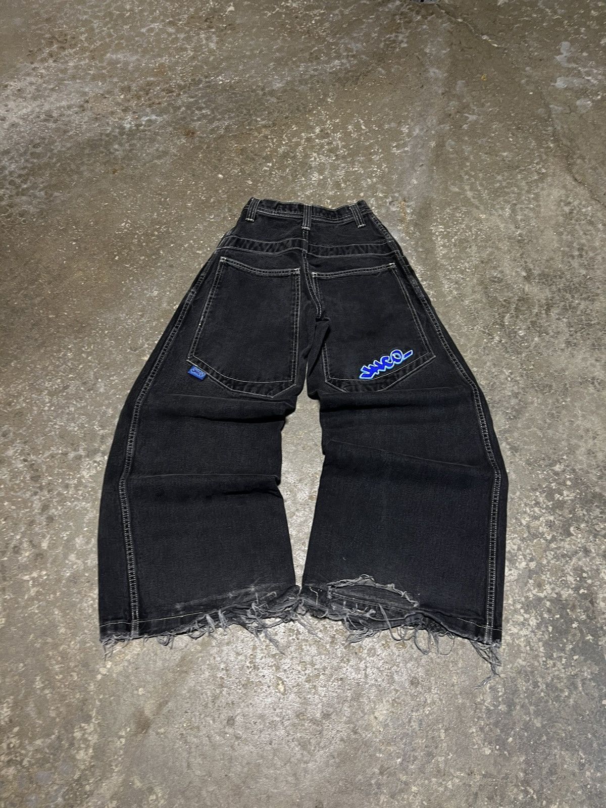 image of Crazy VTG Jnco Props Baggy Skater Embroidered Rave Jeans in Black, Women's (Size 24)