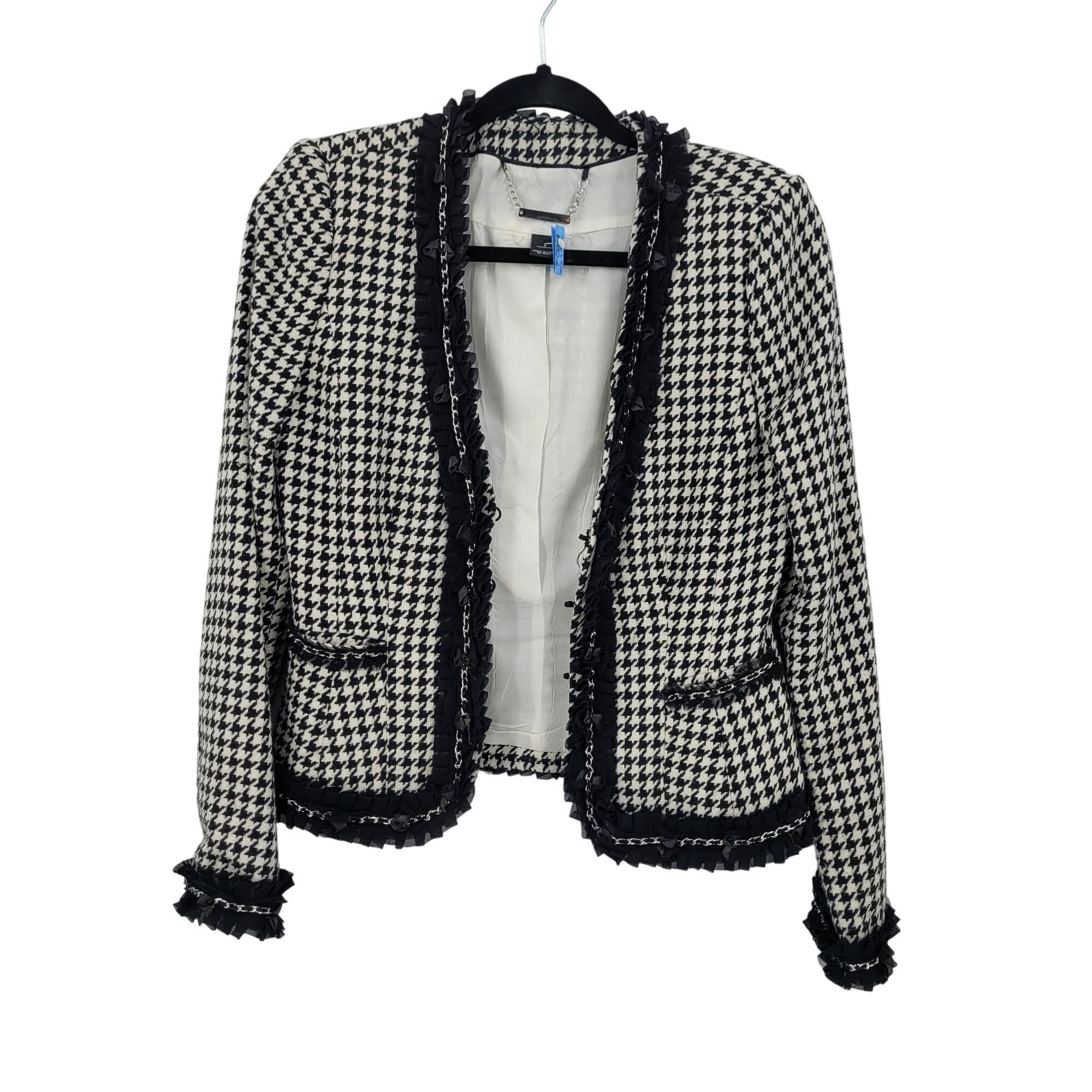 White House Black Market WHBM Womens Wool Blend Houndstooth Blazer Sz 2 Ruffle Chain Size XS / US 0-2 / IT 36-38 - 15 Thumbnail