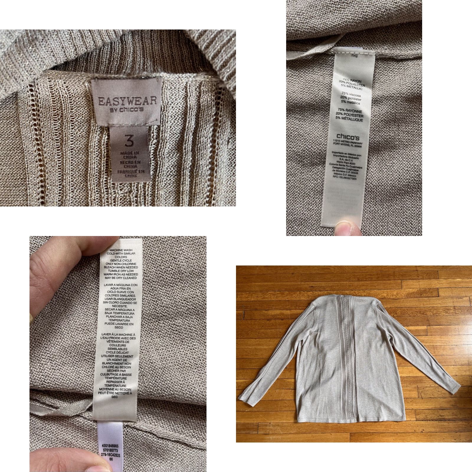 Vintage Chico’s Cardigan Sweater Women's XL Beige Glitter Open V-Neck Long Sleeve Knit Bohemian Retro Size XL / US 12-14 / IT 48-50 - 8 Thumbnail
