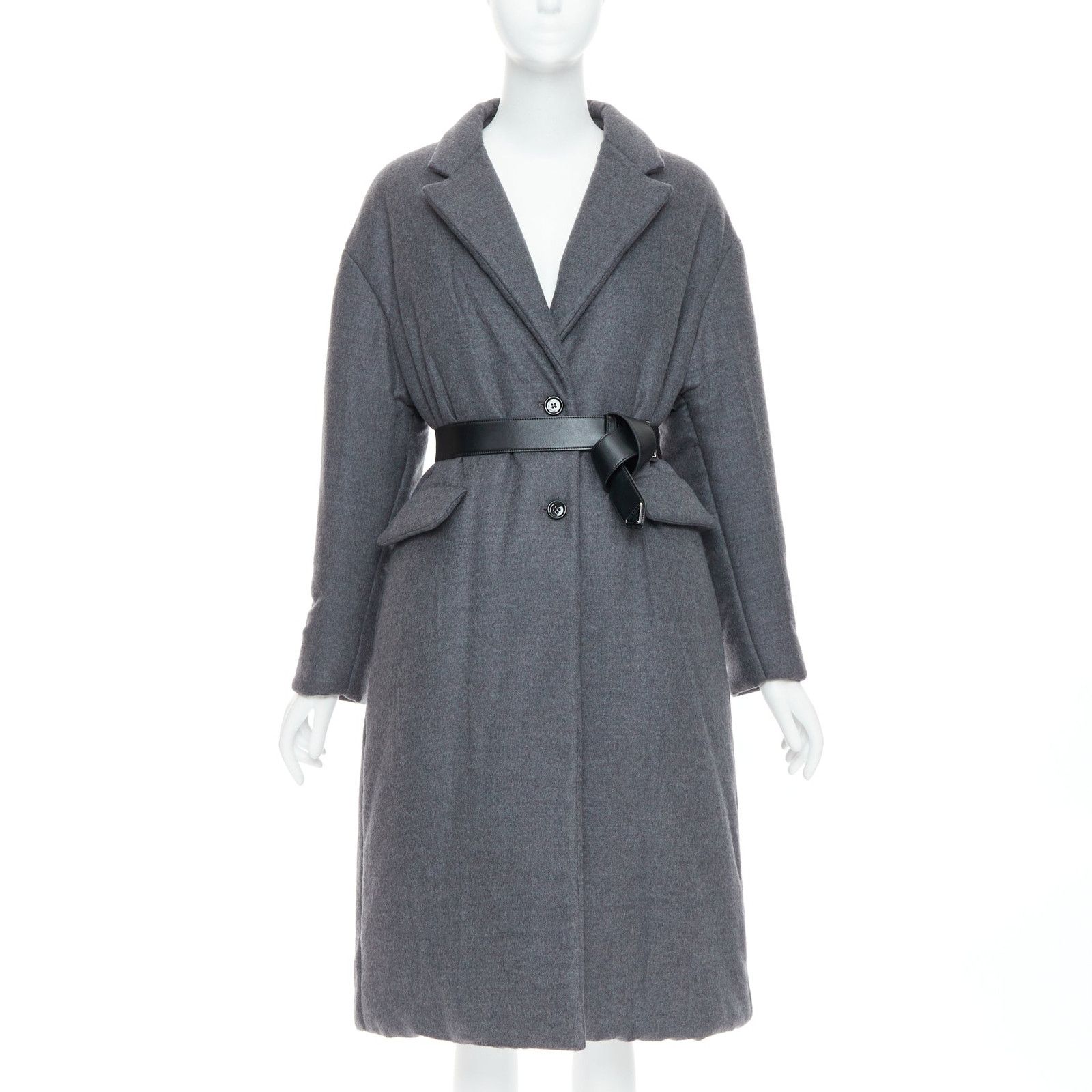 Prada PRADA 2022 grey cashmere wool leather logo belt padded coat IT36 XS Size XS / US 0-2 / IT 36-38 - 1 Thumbnail