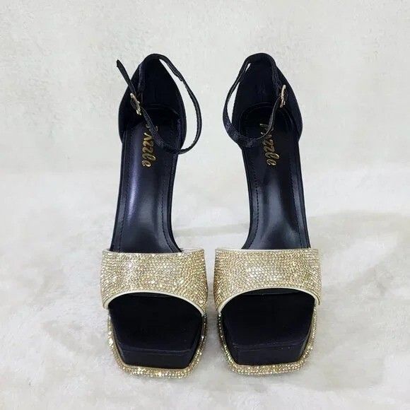 Other Helen Black Satin Gold Rhinestone Trim Party Evening Platfor Size US 8 / IT 38 - 4 Thumbnail