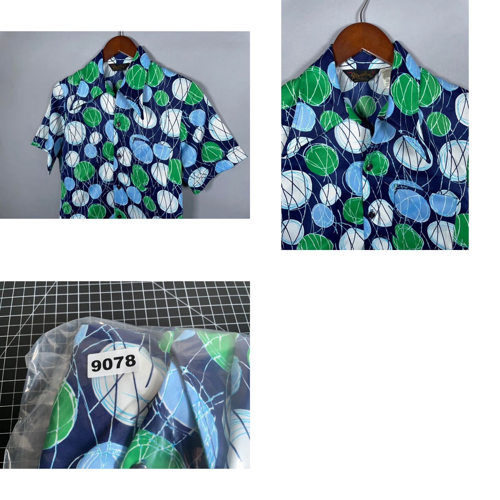 Vintage VTG Mr. Jan Geometric Pattern Shirt Adult Small Blue Green 60s 70s Vintage Casual Button-Up Mens Short Sleeve Collared - Polyester Size US S / EU 44-46 / 1 - 8 Thumbnail