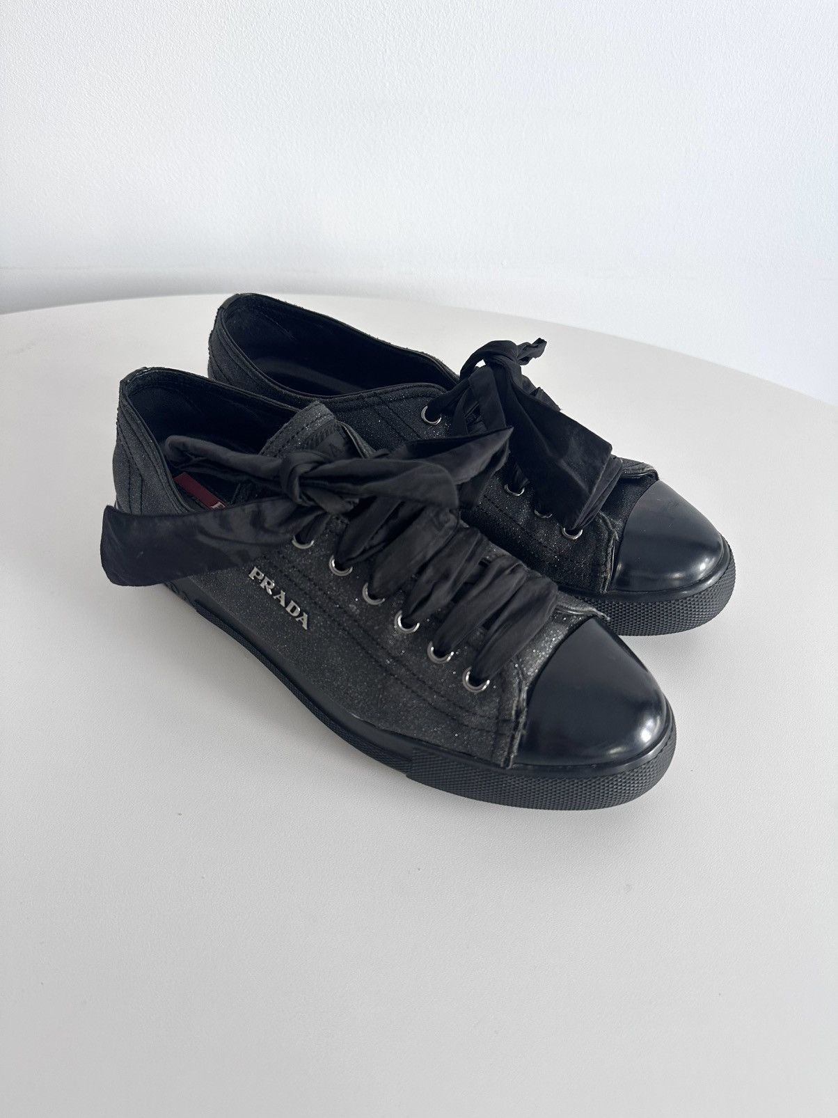 Prada 00s Prada Black Leather Glitter Low Trainers Shoes 37,5 Eu Size US 6.5 / IT 36.5 - 3 Thumbnail