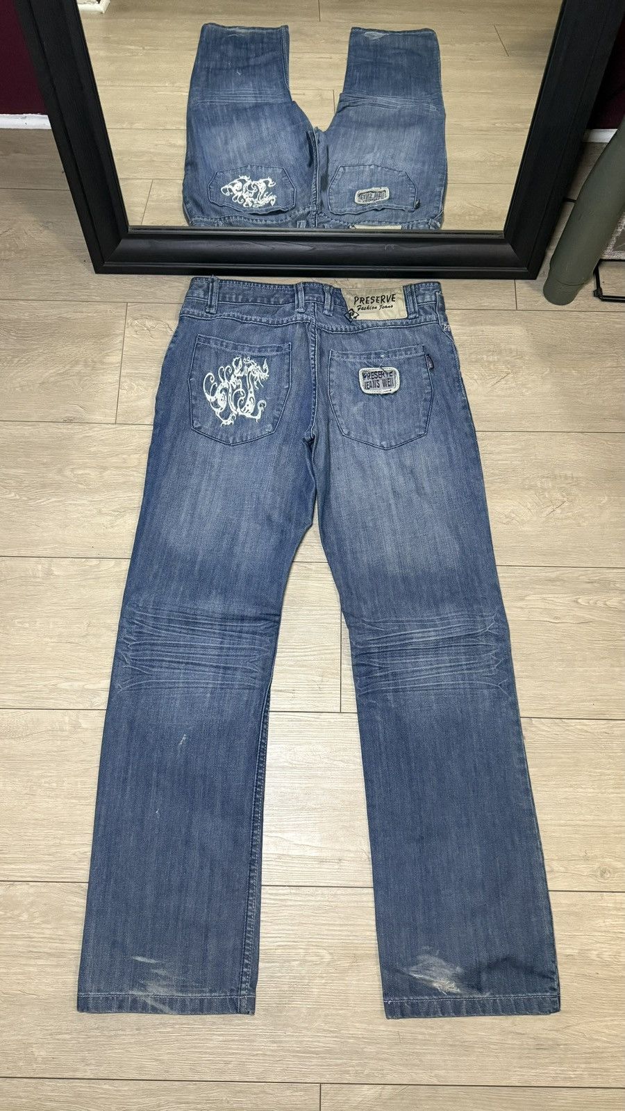 JNCO Y2K 2000s Dragon Embroidered Preserve Straight Stacked Denim Size US 34 / EU 50 - 1 Thumbnail