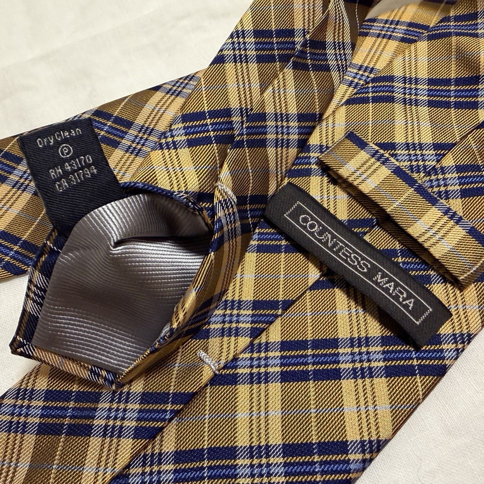 Countess Mara Countess Mara Gold/Navy Plaid Silk Tie – Crown Logo Classic Size ONE SIZE - 4 Thumbnail