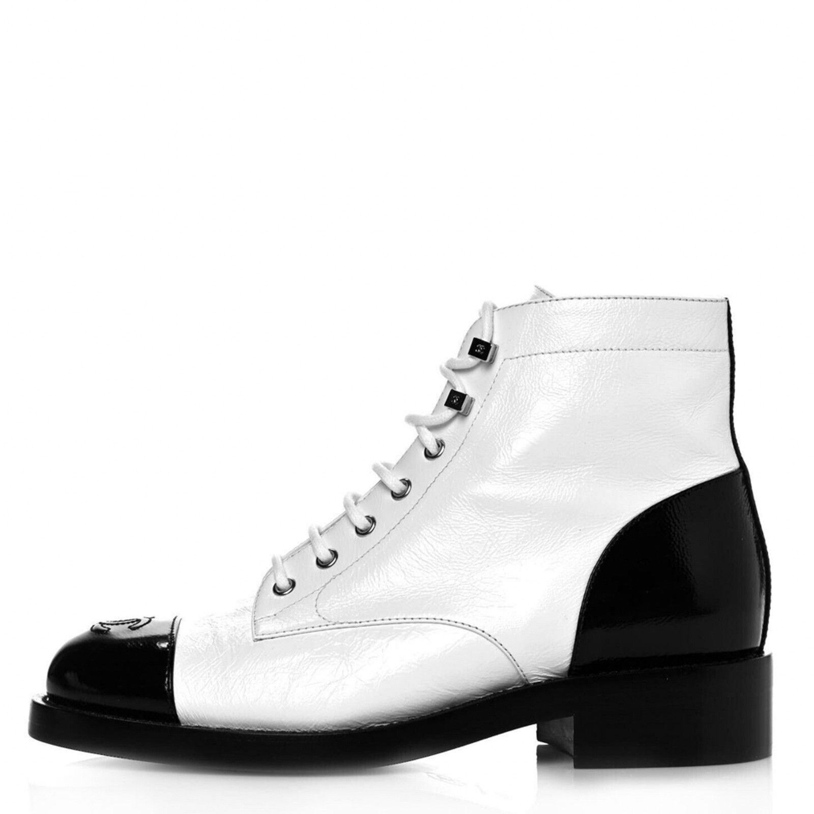 Chanel Chanel 21P White Black Crumpled Shiny CC Combat Lace Up Size US 10 / IT 40 - 8 Thumbnail