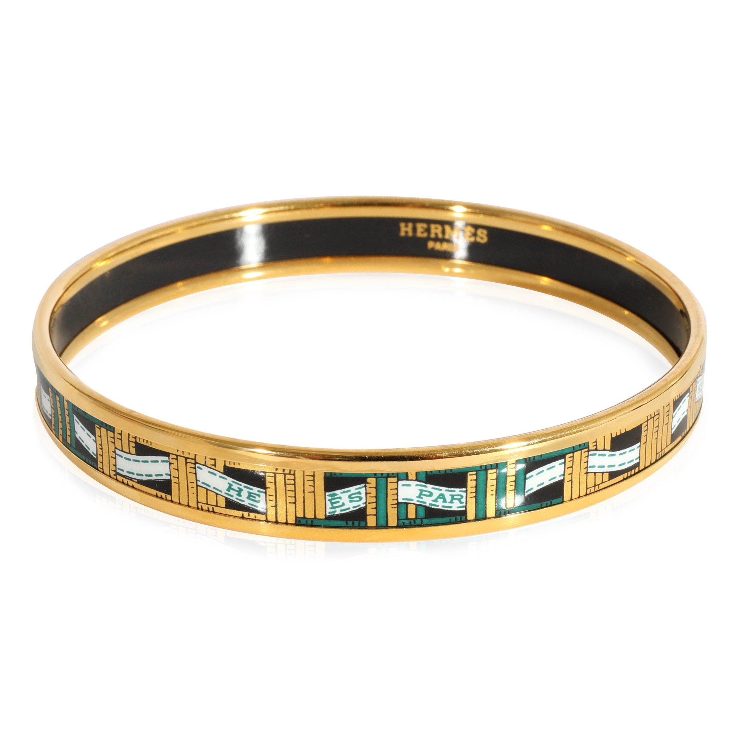 image of Hermes Plated Narrow Black & Gold Enamel Bracelet With Paris Ribbon (67Mm) in Yellow, Women's