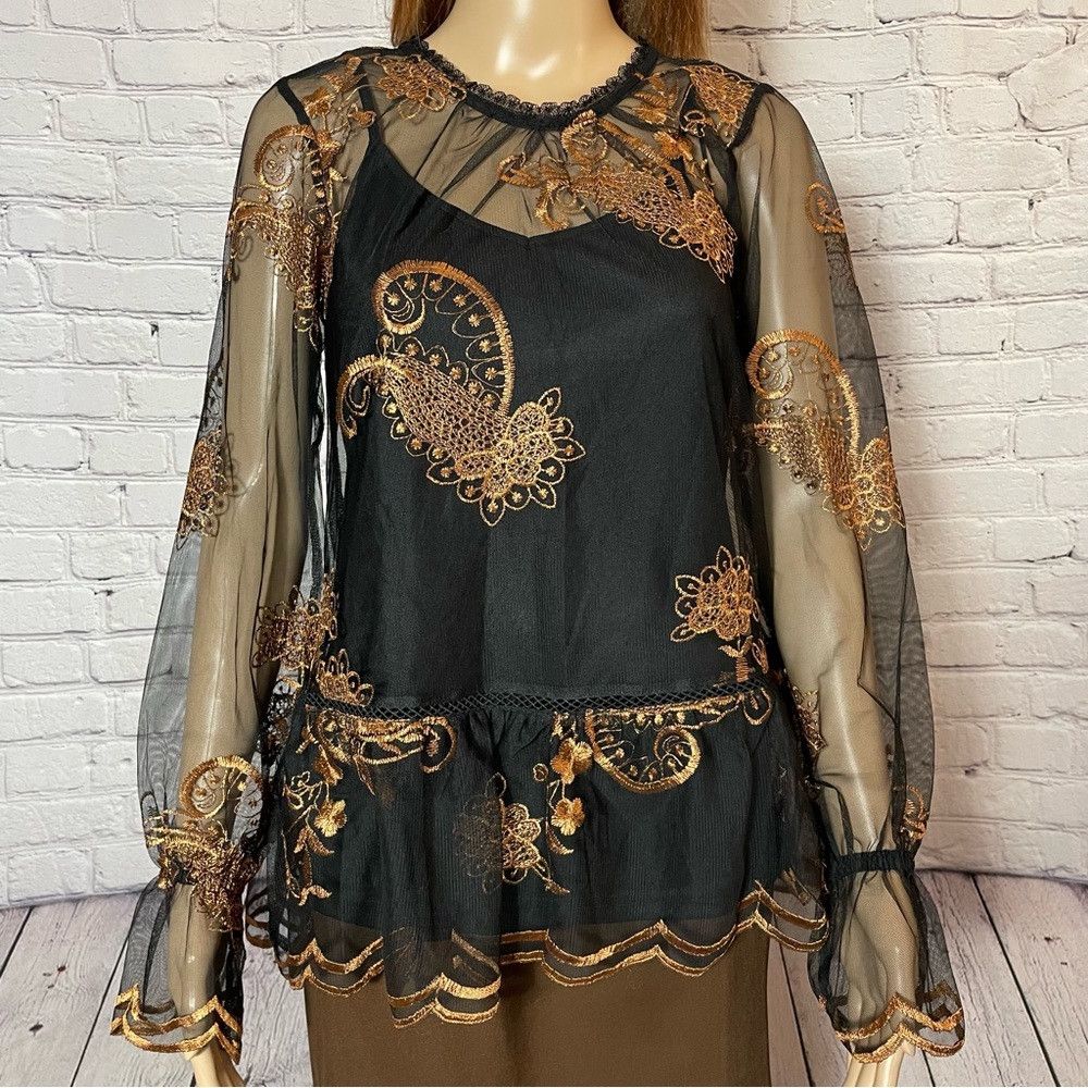 Other NWT New Fever Embroidered Mesh Long Sleeve Black Gold Top B Size XS / US 0-2 / IT 36-38 - 9 Thumbnail