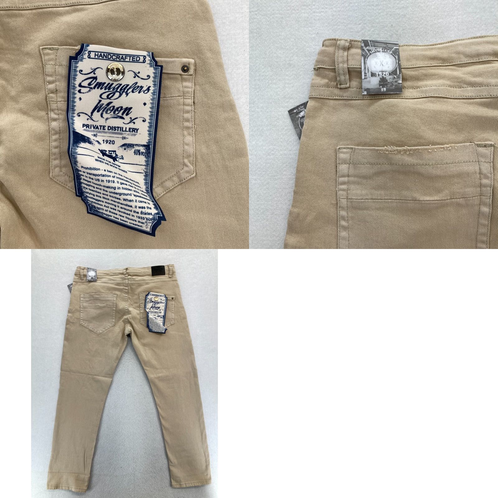 Denime Smugglers Moon Jeans Mens 42x33 Khaki Beige Denim Button Fly Roll Up Distressed Jeans Distressed Casual Slim 5-Pocket Denim Skull Logo Men Size US 42 / EU 58 - 10 Thumbnail