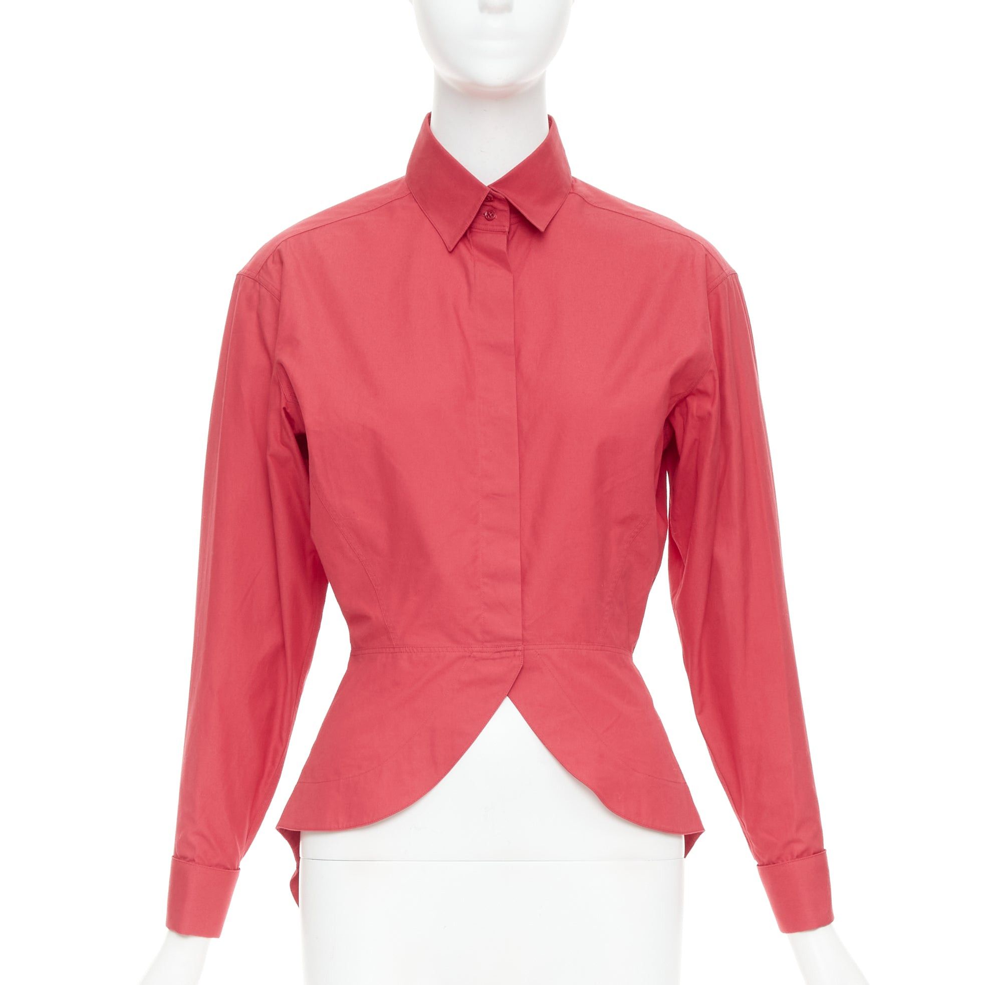 ALAIA red cotton curved tulip petal peplum puff sleeves shirt FR36 S