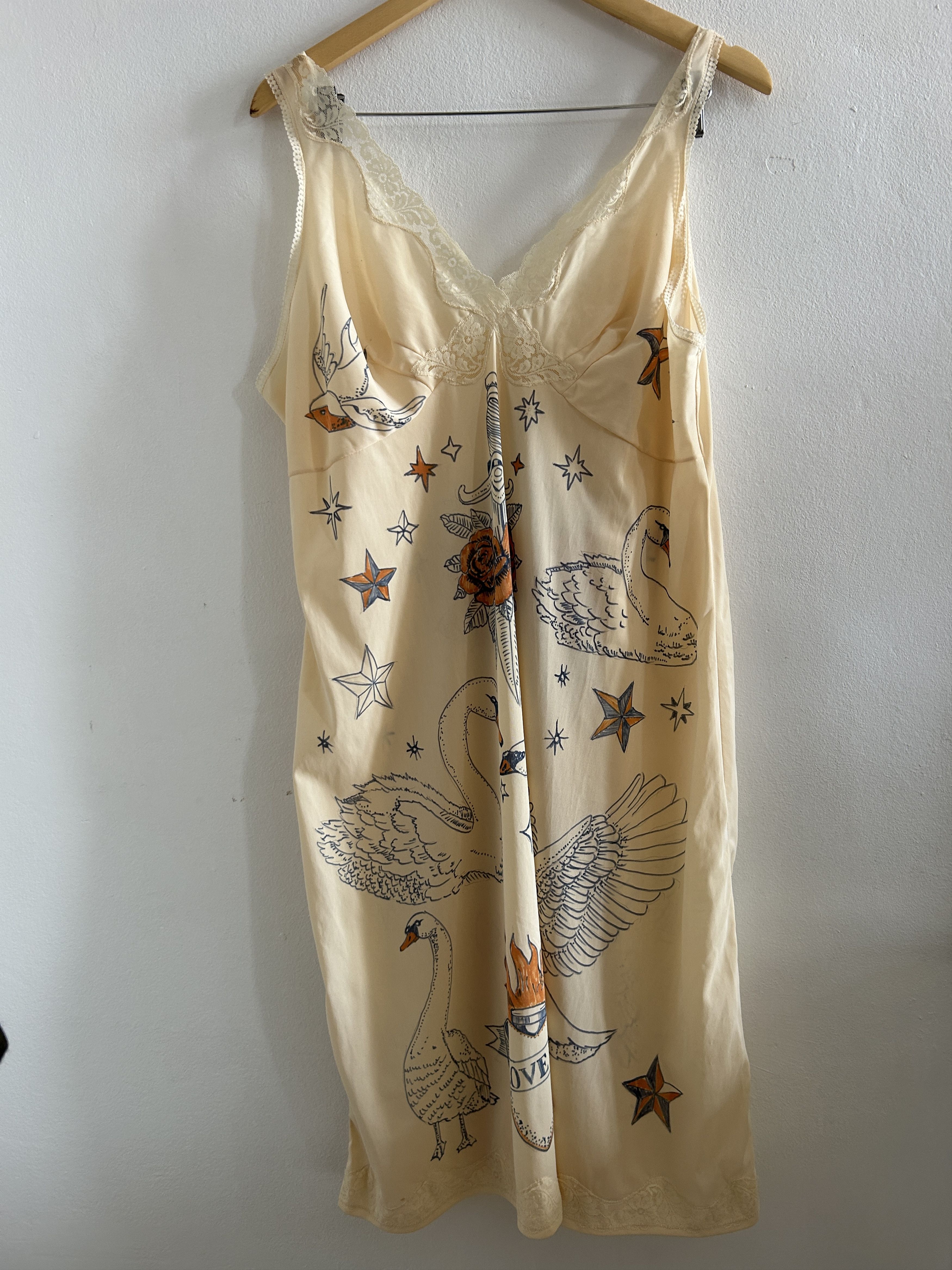Custommade Hand-Painted Tattoo Swan Slip Dress Size L / US 10 / IT 46 - 11 Thumbnail