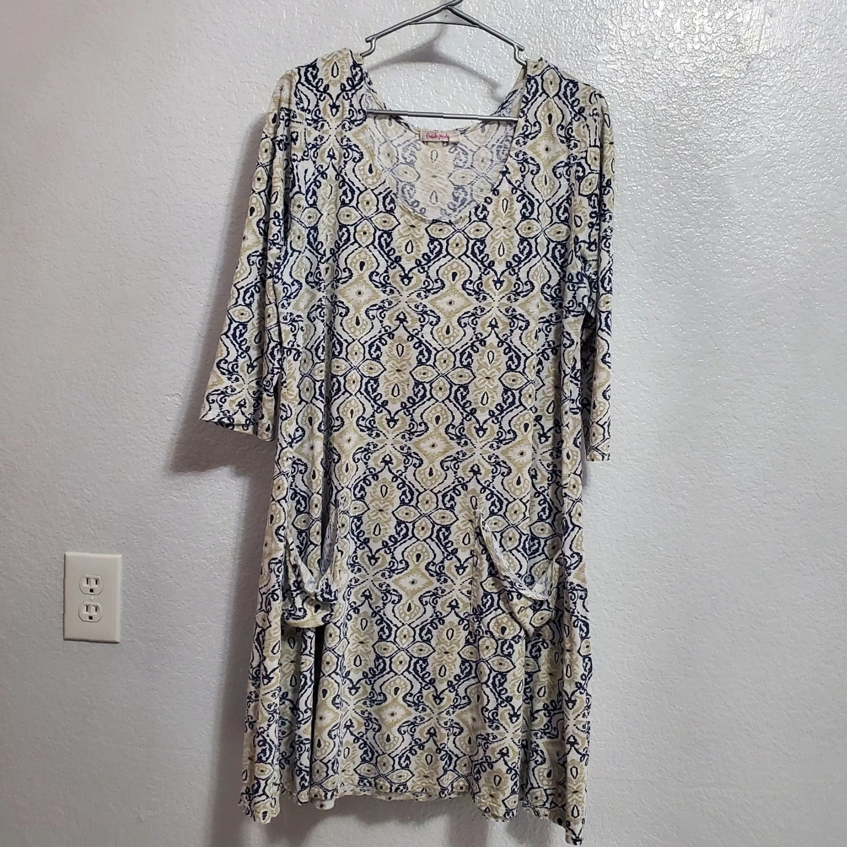 Vintage FRESH PRODUCE Dress Women XL Multi Ikat Print Pocket 3/4 Sleeve Casual USA Knit 100% Cotton Knee Length Womens Size XL / US 12-14 / IT 48-50 - 2 Thumbnail