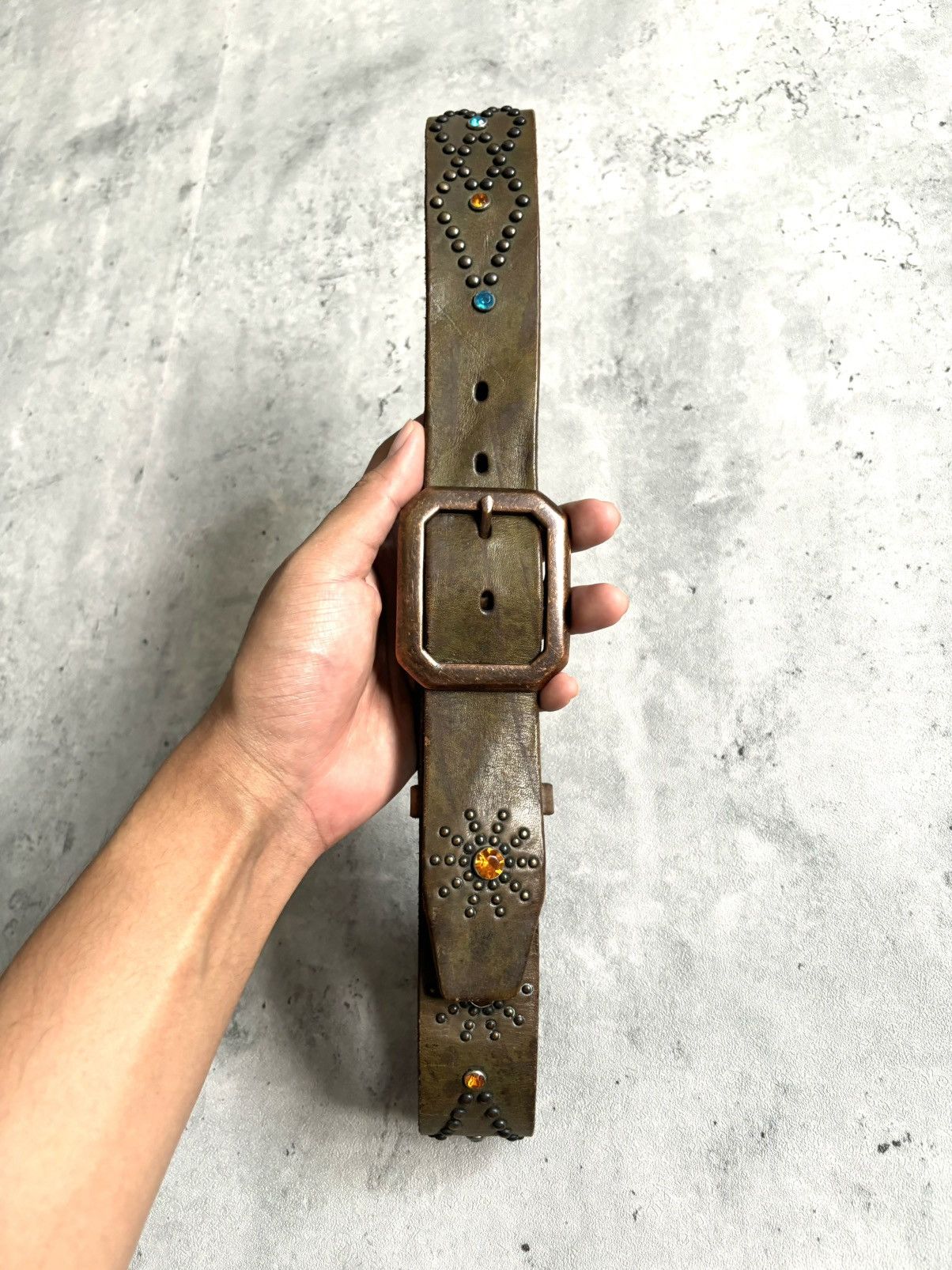 Japanese Brand Leather Design Blue&Orange Studded Belt Size 32 - 4 Thumbnail