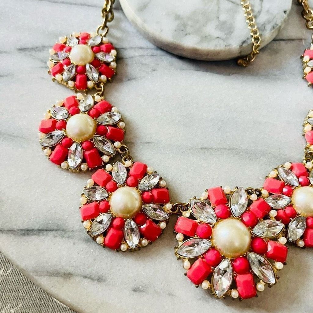 Jewelry Glam Statement Necklace Coral Red Faux Pearl Round Link Size ONE SIZE - 3 Thumbnail