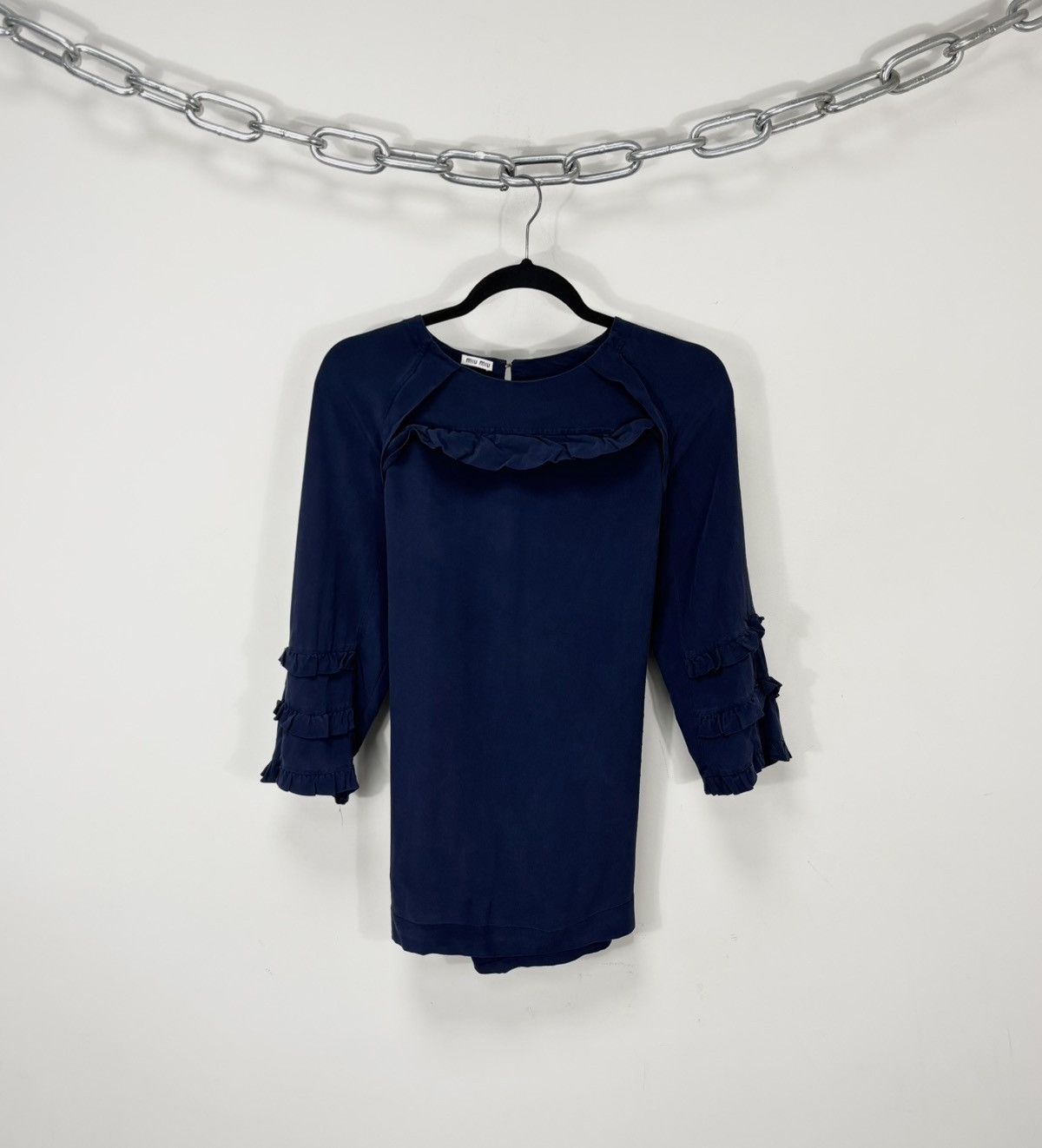 Miu Miu Miu Miu Women’s Navy Babydoll Silk Ruffle Blouse Tunic Top Size M / US 6-8 / IT 42-44 - 1 Thumbnail