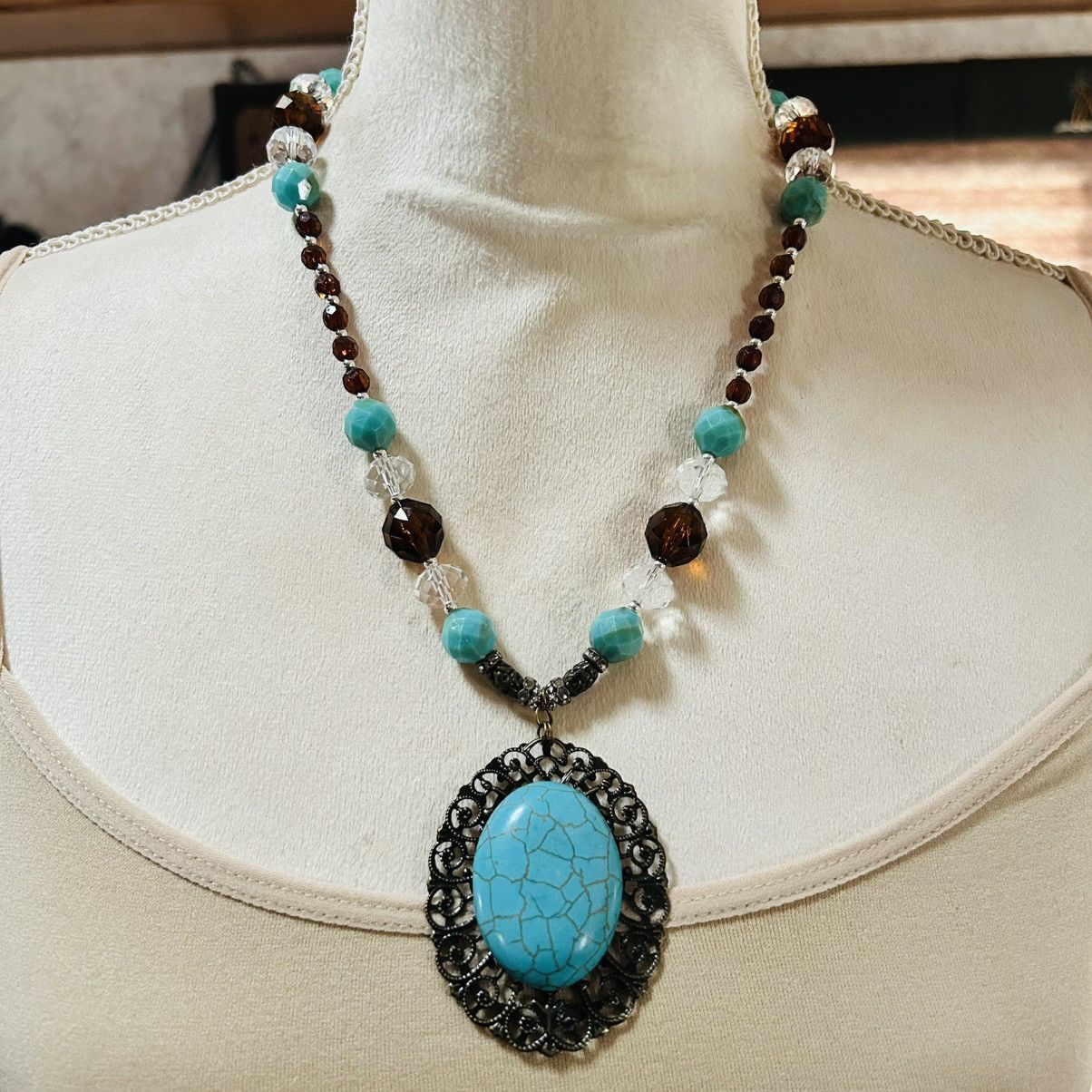 Handmade Handcrafted repurpose boho chic howlite medallion necklace Size ONE SIZE - 2 Thumbnail