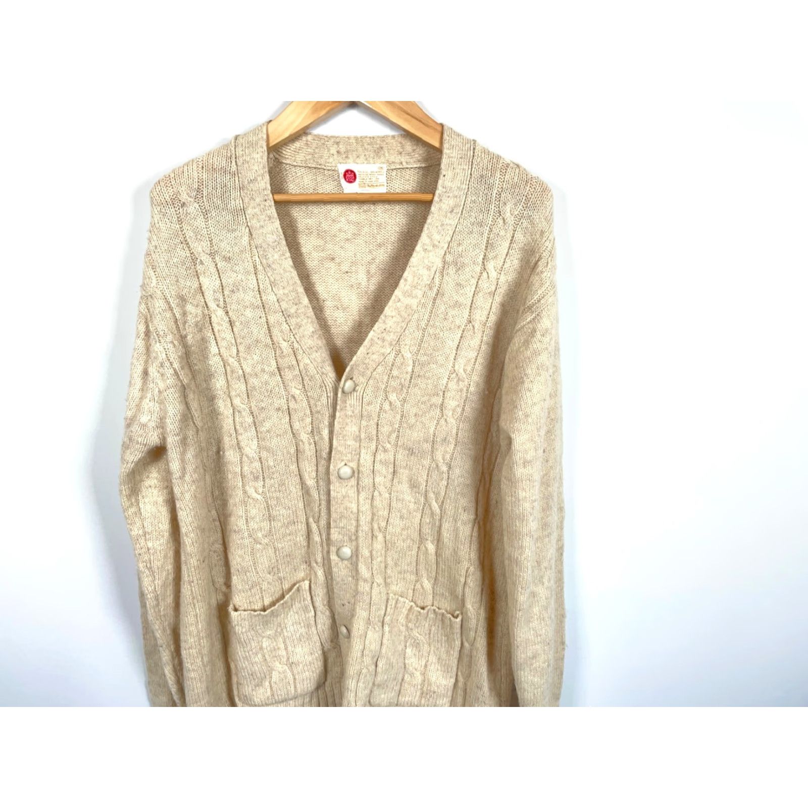 VINTAGE Sears Kings Road Cardigan Men's XLT Beige Knit Wool Blend Heavyweight Cable-Knit Sweater