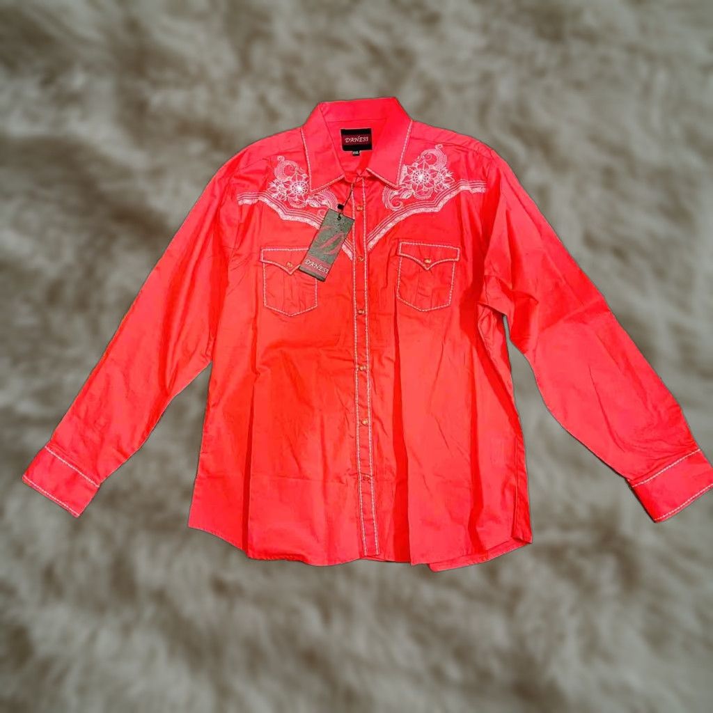 VINTAGE Women's Danes Country Western Shirt Top Blouse Embroidered Salmon Size 2XL