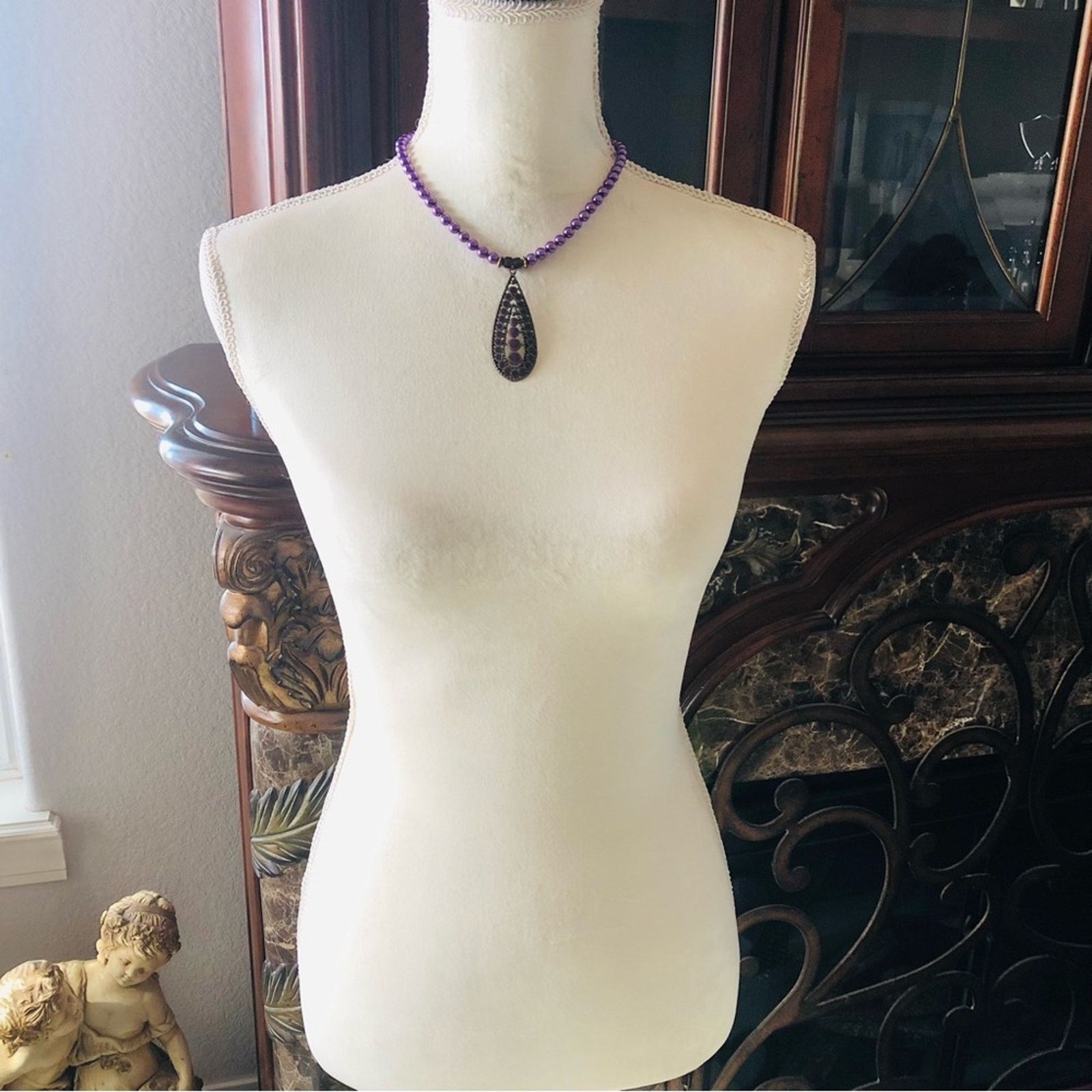 Handmade Handcrafted repurpose purple enamel raindrop Pearl necklace Size ONE SIZE - 7 Thumbnail