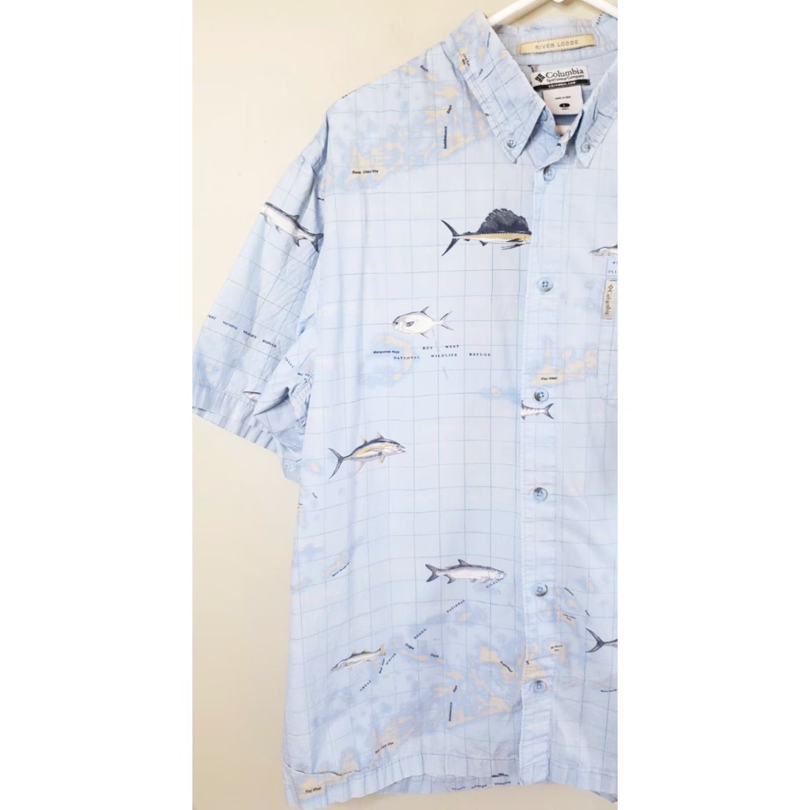 Vintage Columbia River Lodge Men's Blue Shirt Button Front Short Sleeve Sea Fish Key W Pattern: Fishing Size US L / EU 52-54 / 3 - 4 Thumbnail