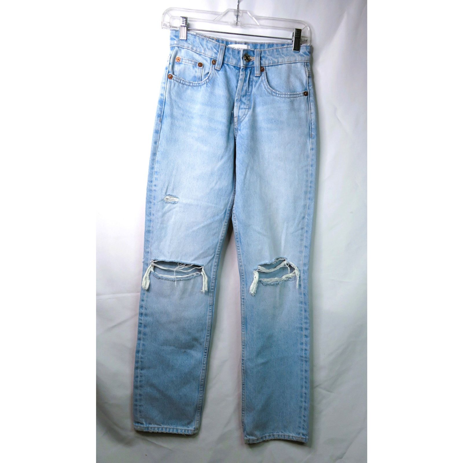 Zara New ZARA Blue Denim Mid-Rise Straight Leg Distressed Jeans Size 26" / US 2 / IT 38 - 9 Thumbnail