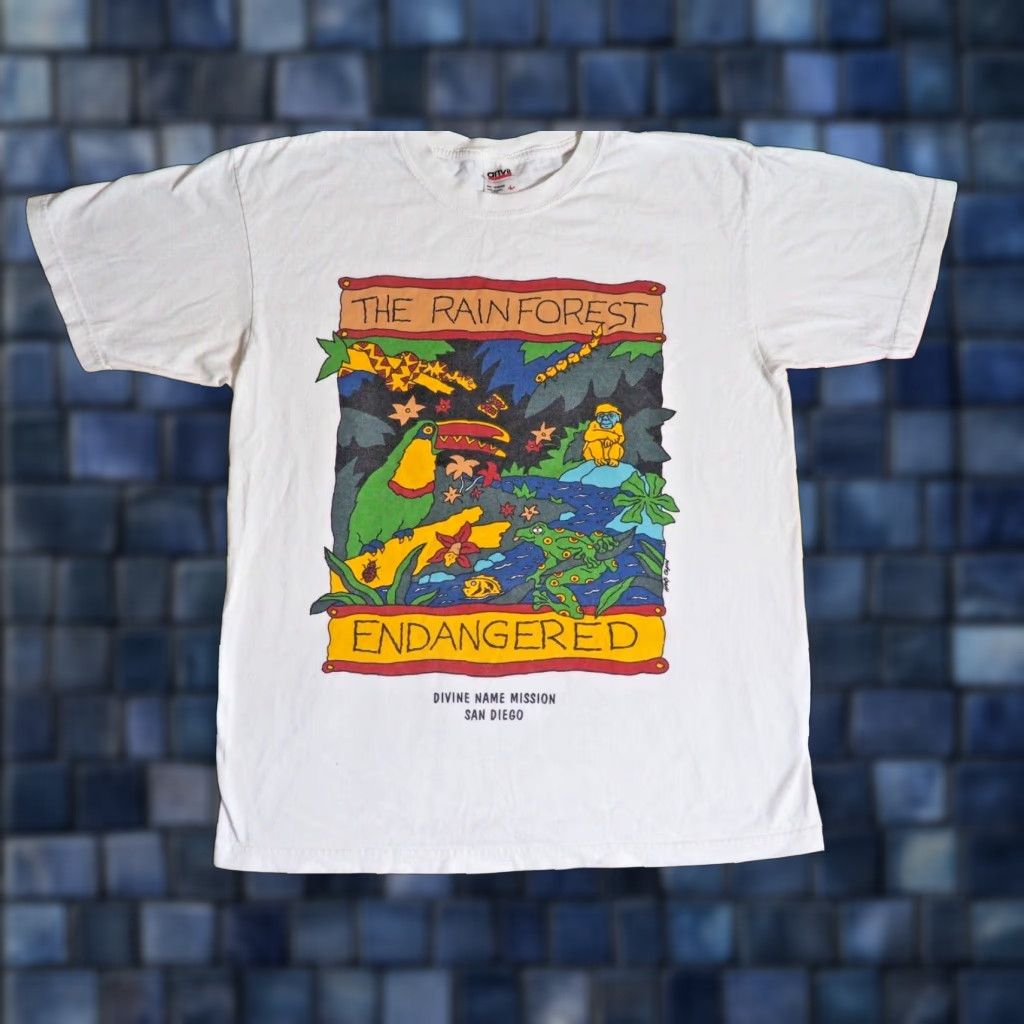 Anvil VTG 90s Y2k Anvil Rainforest Eco Animal Nature Art White Tee T-Shirt L Unisex White T-Shirt 2000s Graphic Tee Size US L / EU 52-54 / 3 - 1 Thumbnail