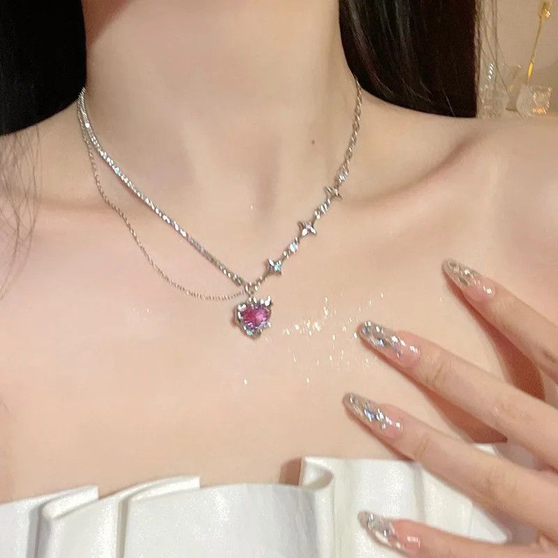 Designer × Jewelry Heart Punk Shiny Rhinestone Star Asymmetric Chain Necklace Size ONE SIZE - 1 Thumbnail