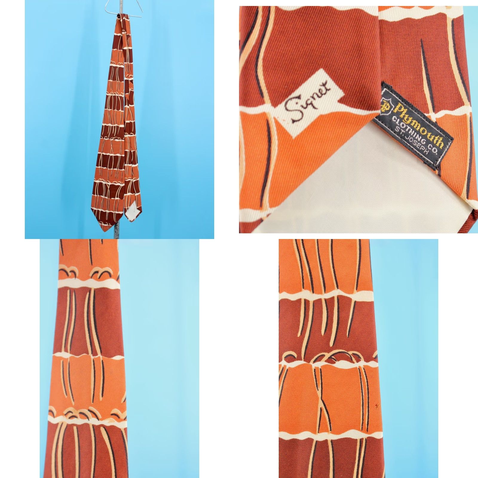 Vintage VTG Men's 1940s Orange & Brown Striped Necktie 40s Signet Tie Shirt Neck Tie Vintage 1940s Mens Signet Tie Size ONE SIZE - 8 Thumbnail