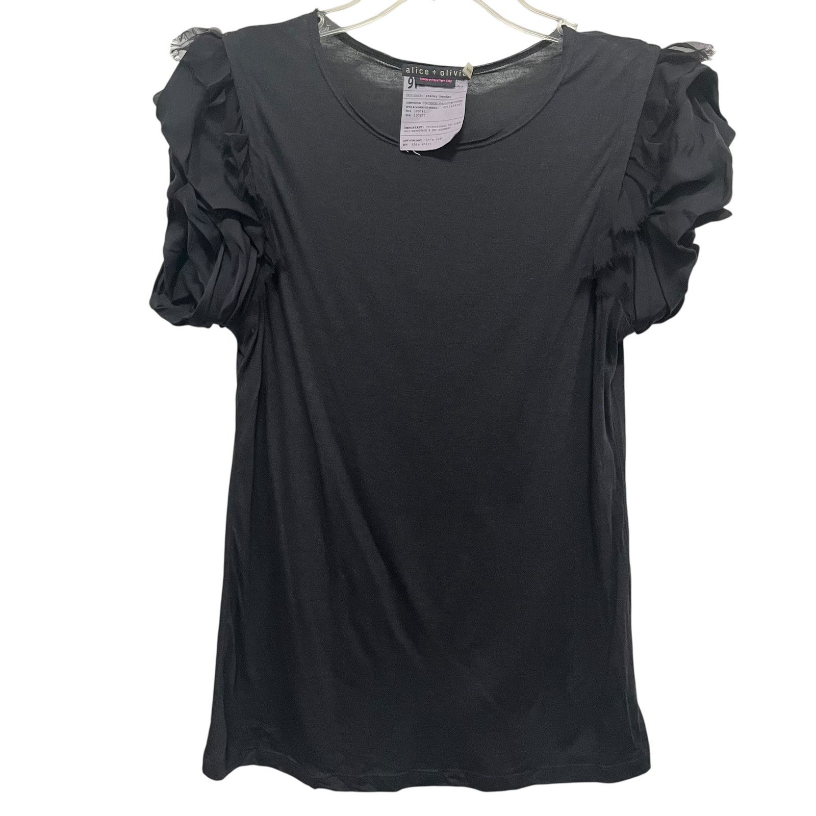 Alice + Olivia Alice + Olivia Black Short Ruffle Puff Sleeve Blouse Size M / US 6-8 / IT 42-44 - 1 Thumbnail
