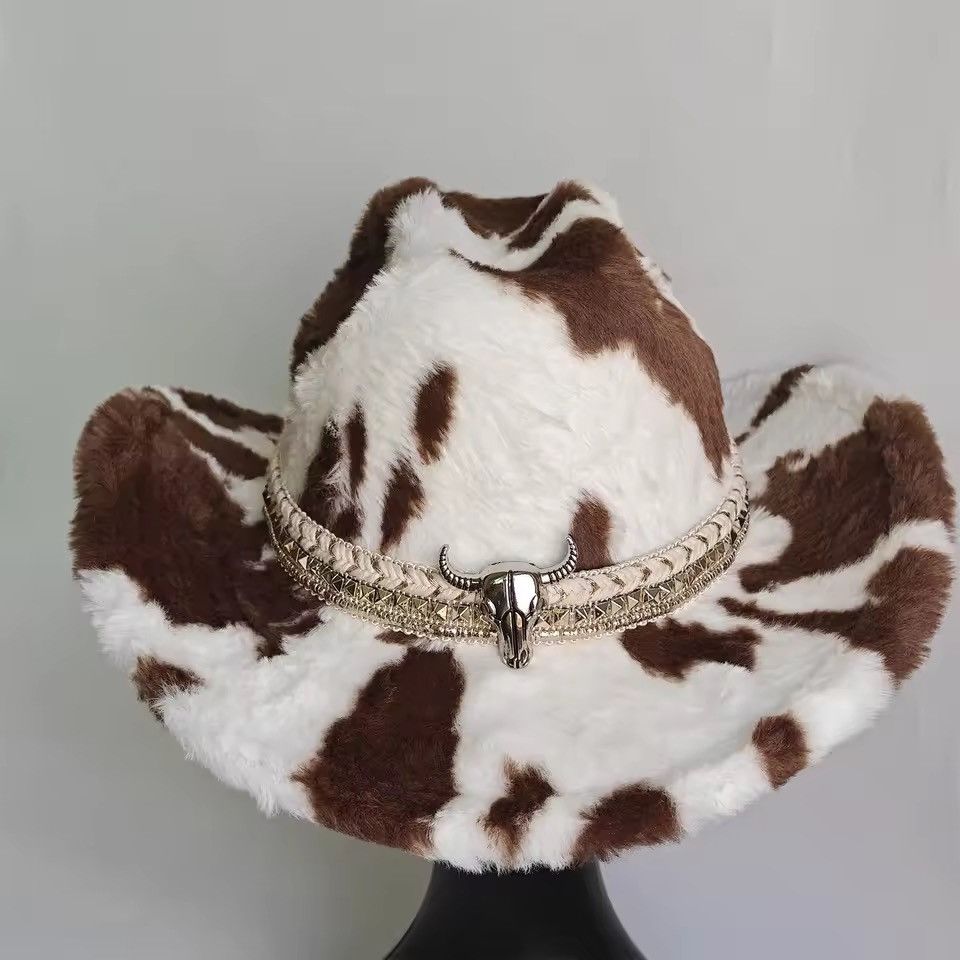 Japanese Brand Cow Print Faux Fur Cowboy Hat - Y2K Streetwear Aesthetic Size ONE SIZE - 1 Thumbnail