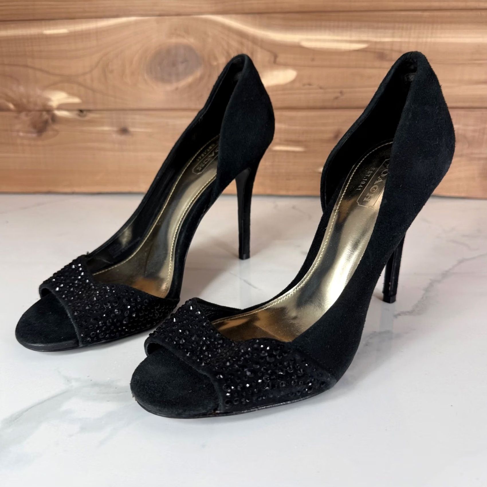 Coach VINTAGE Coach Black Suede Rhinestone Peep Toe Pumps d'Orsay Stiletto Heels Womens 6B Size US 6 / IT 36 - 2 Thumbnail