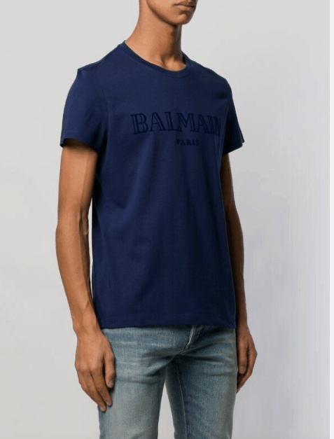 Image of Balmain Paris Cotton Print Logo T-Shirt Blue S7H8601I312 in Blue Black, Men's (Size 2XL)