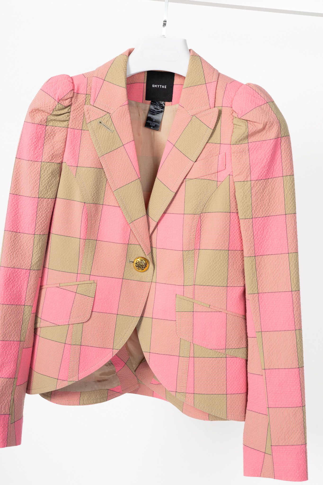 SMYTHE Smythe Pink Check Seersucker Pouf Sleeve One Button Blazer Size S / US 4 / IT 40 - 3 Thumbnail